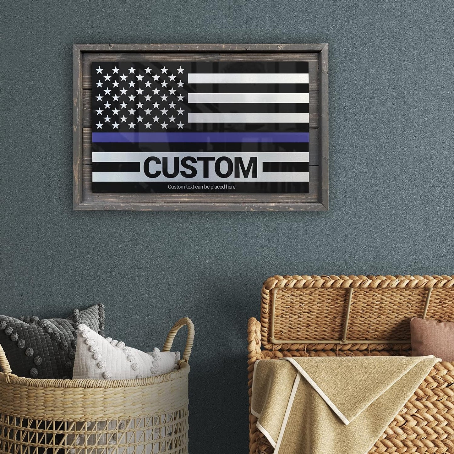 CUSTOM Rustic Thin Blue Line American Flag Made of Wood and Metal For Law / Blue Line Custom
