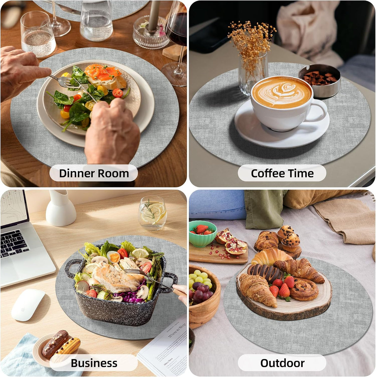 Round Placemats Set of 8, 15 Inch Faux Leather Place mats, Washable Wipeable Non Slip, Heat Resistant Waterproof Vinyl