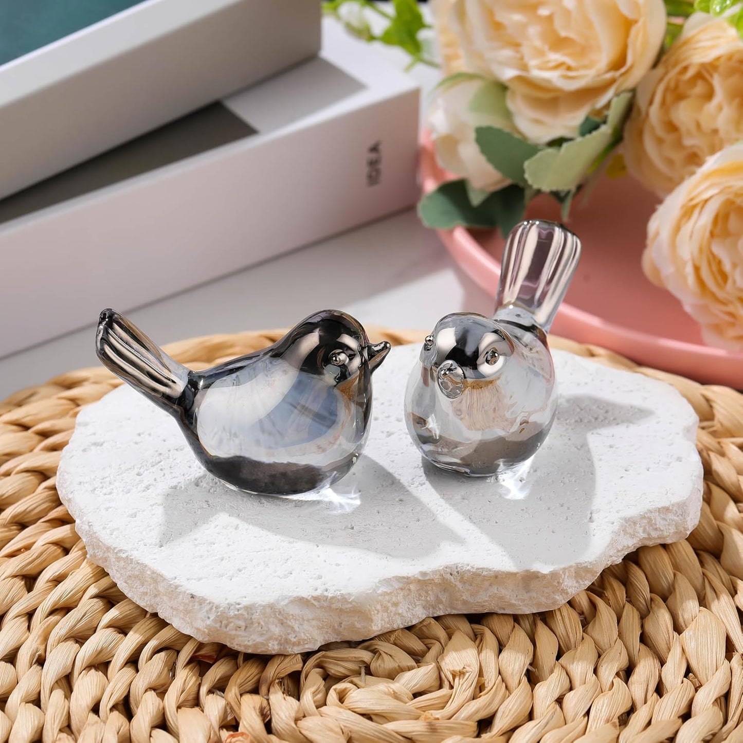Handmade Blown Glass Birds Animals Figurines Crystal Office Desk Table / Grey / Set of 2