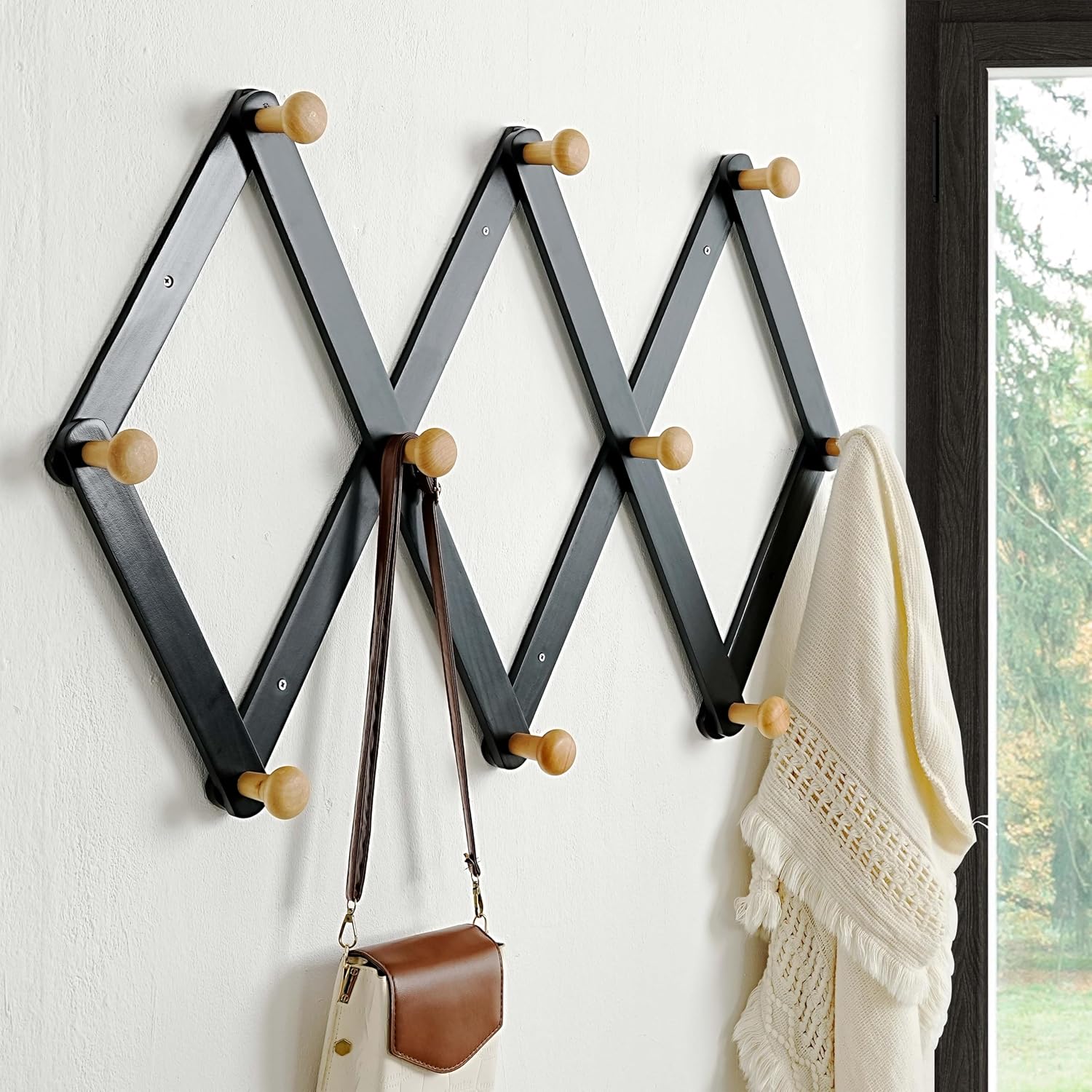 Expandable Coat Rack (Larger Version) - 24” High, Anti-Slip, Ultra Heavy Duty Wooden Accordian Wall Hanger with 10