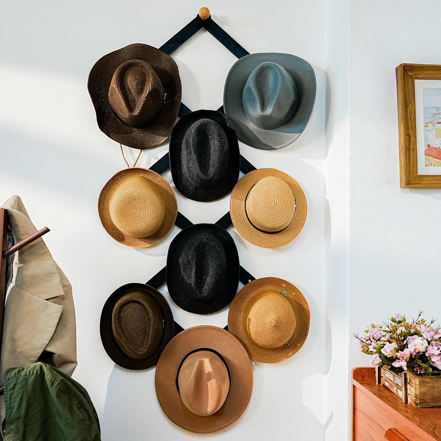 Expandable Coat Rack (Larger Version) - 24” High, Anti-Slip, Ultra Heavy Duty Wooden Accordian Wall Hanger with 10