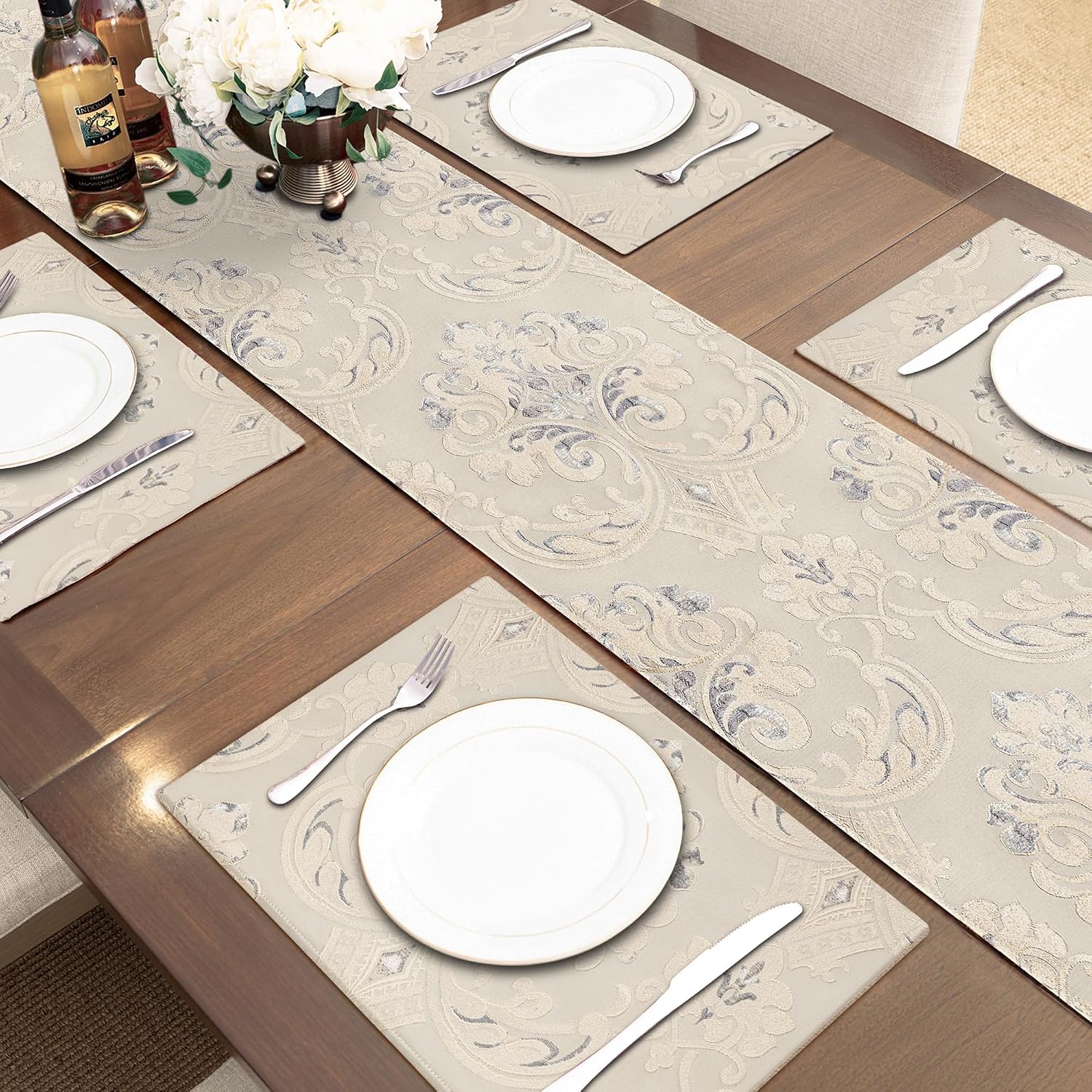 Loom and Mill Luxury Jacquard Table Runner 120 Inches Long, Light Apricot | Damask Floral Dining Table Runner with