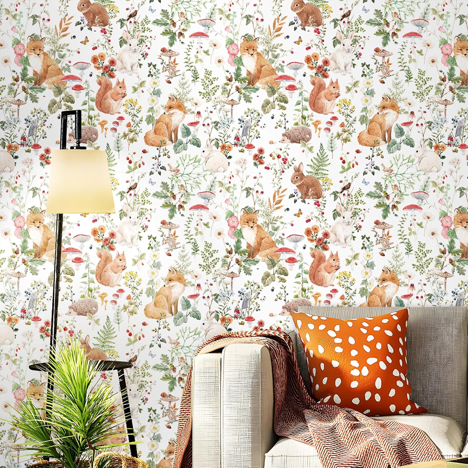 Woodland Wallpaper Stick and Peel Fairytale Forest Animal Wallpaper / 17.5 x 10 / Ft / White