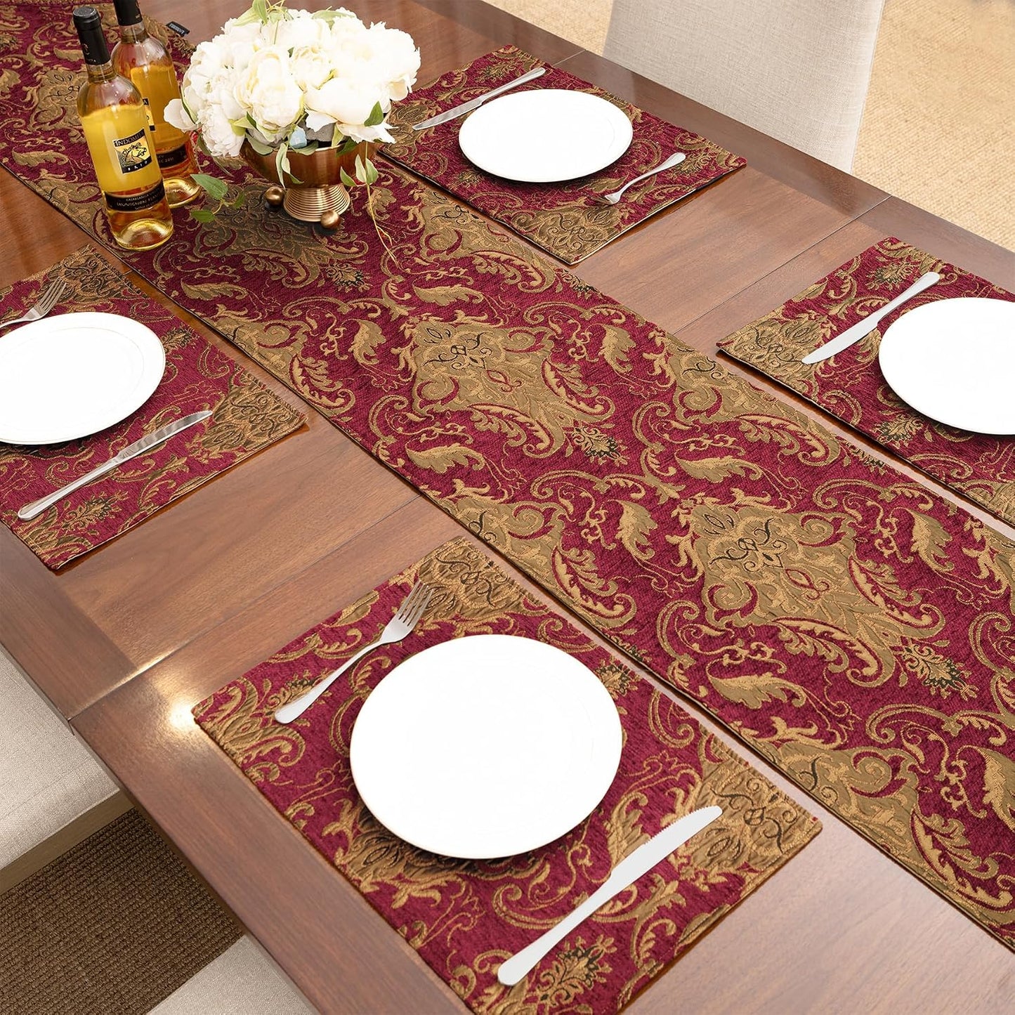 Loom and Mill Luxury Vintage Chenille Table Runner 108 Inches Long, Red | Damask Jacquard Table Runners with