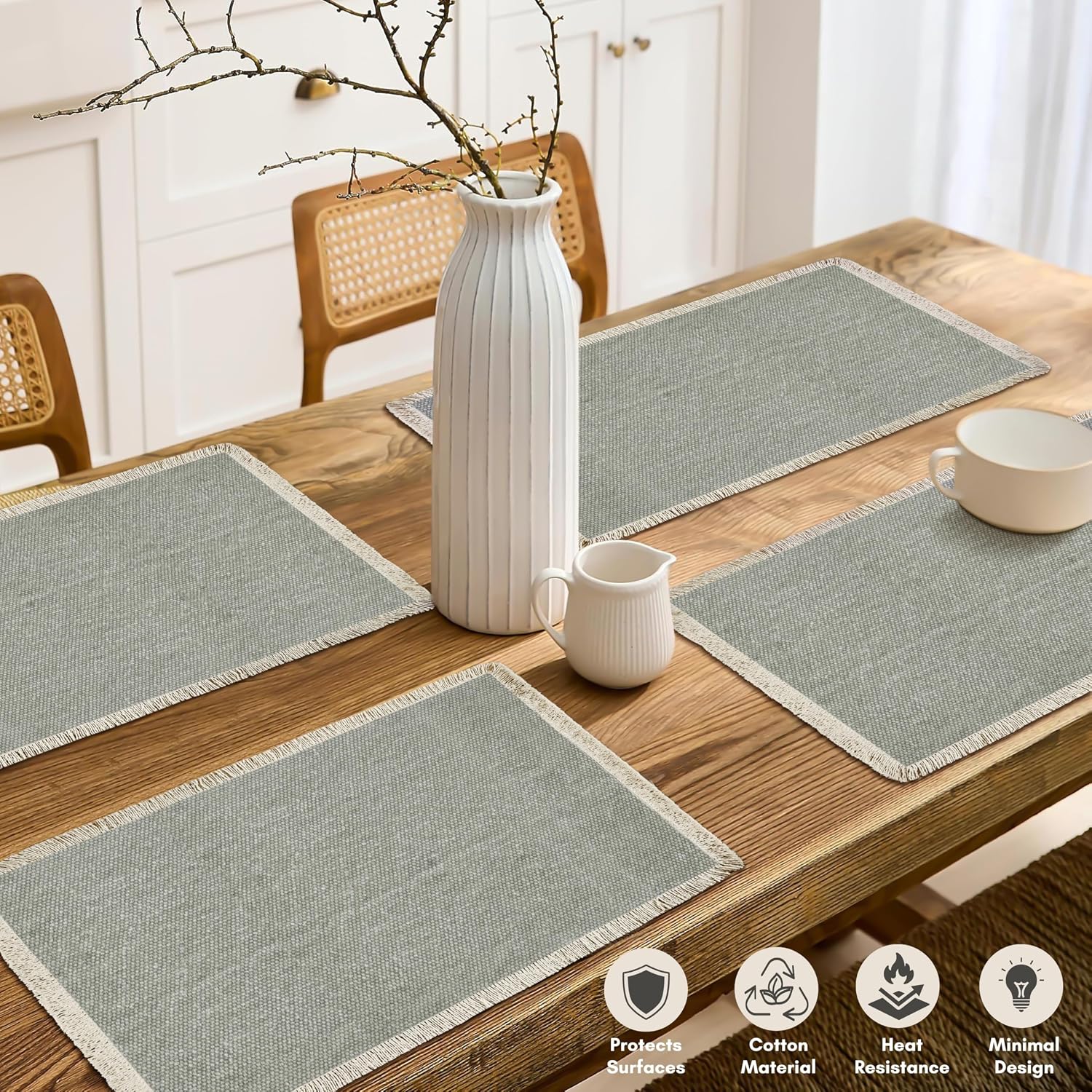Hausattire Cotton Frayed Placemats Set of 6 Dining Table 13x19 Inch | Rustic Farmhouse Boho Washable Easter Placemat