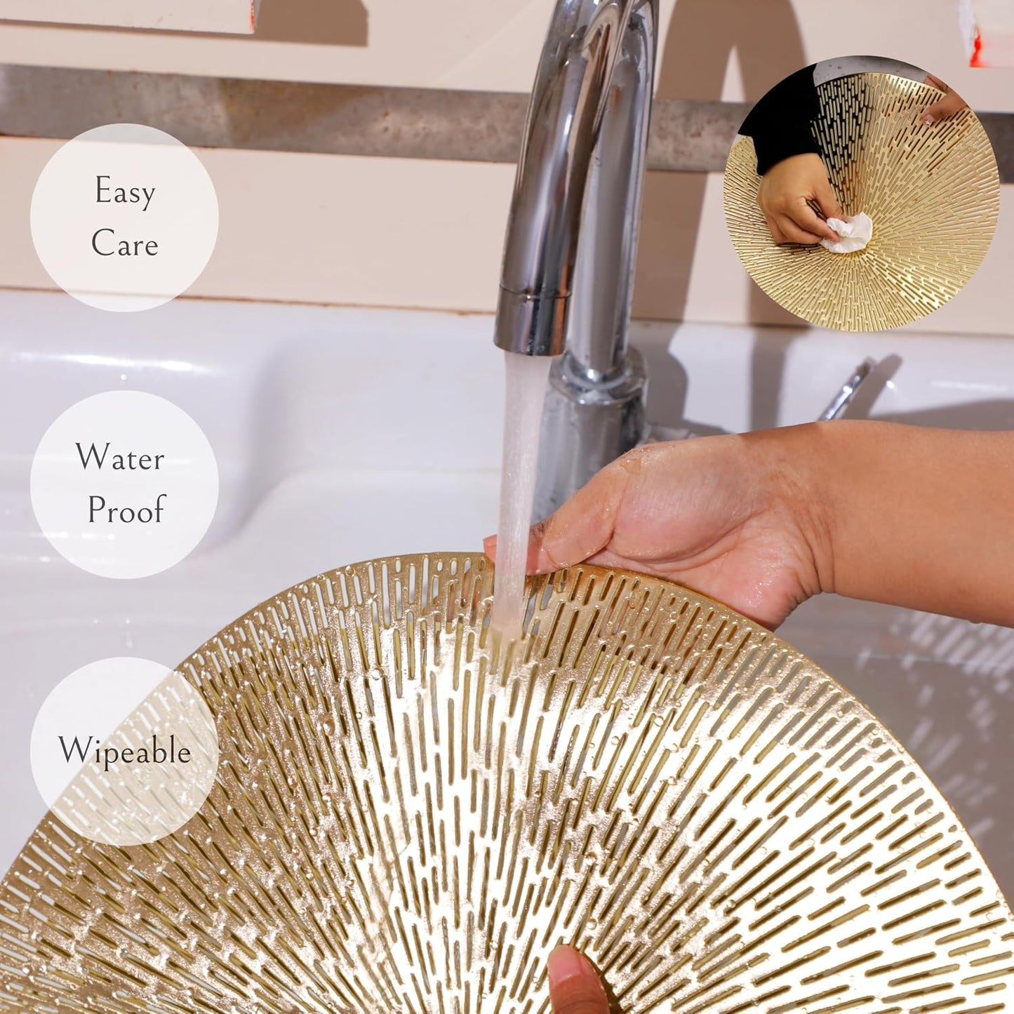 Snowkingdom Round Gold Placemats Set of 12, Gold Vinyl Metallic 15 Inch Round Placemat, Washable Wipeable Hollow Place