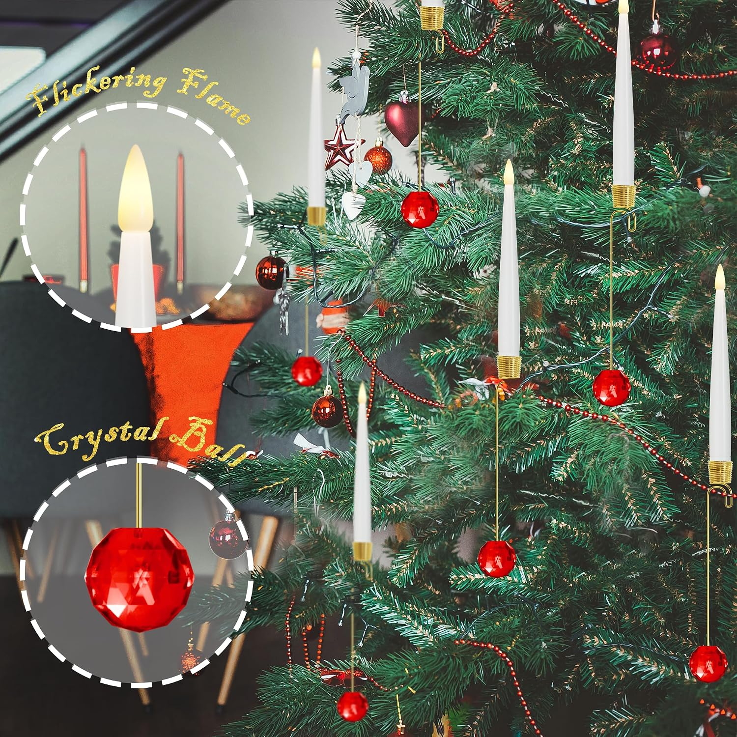 JOIONE Christmas Tree Candles, 12 Pack Red Crystal Ball Tree Hanging Decor | Battery Operated, Remote Control, Red