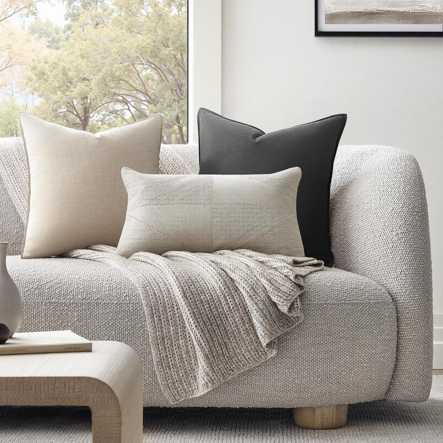 Couch Pillows Soft Linen Solid Lumbar Boho Cushion Cases / Neutral Grey / 20 x 12 / Set of 4