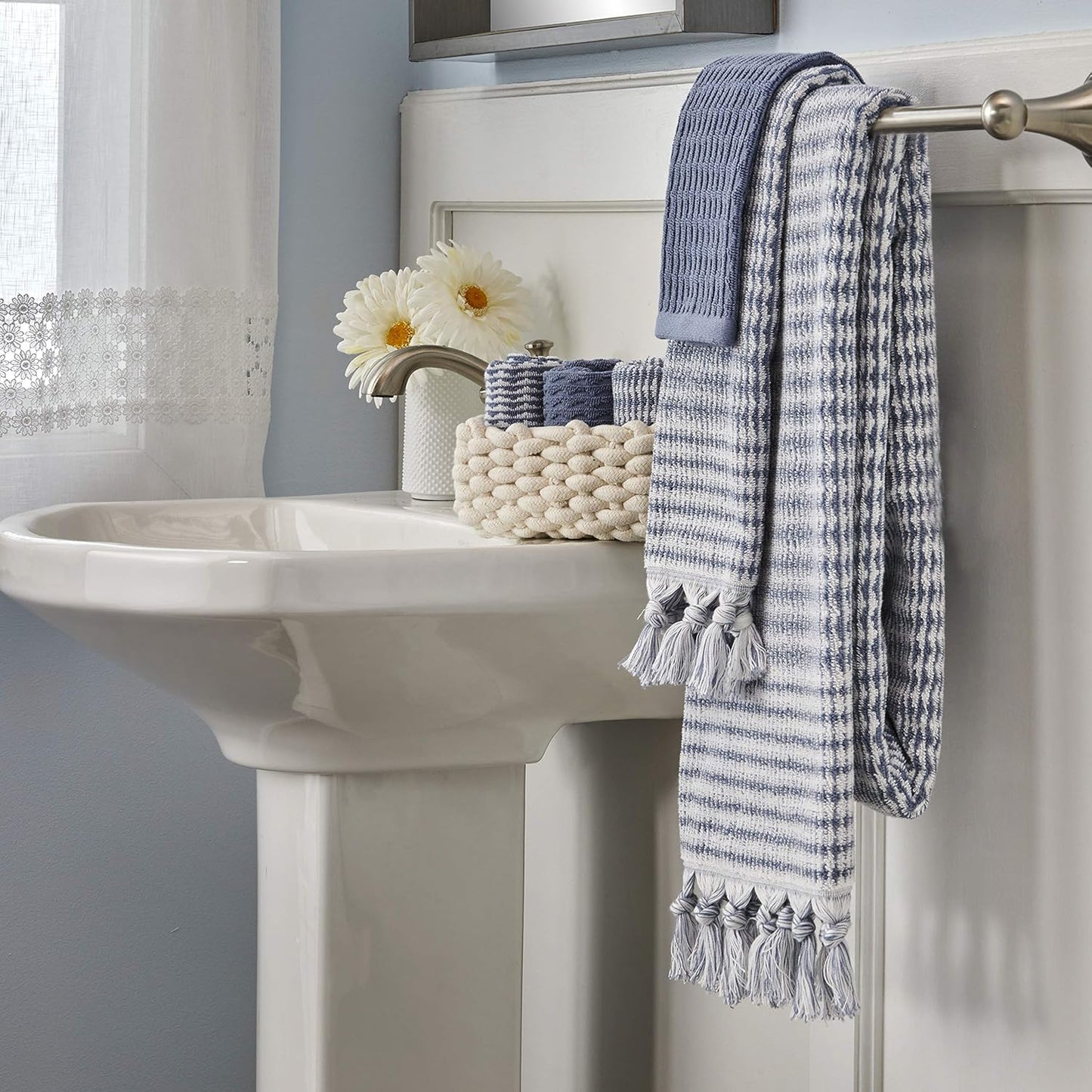 SKL Home Longborough Hand Towel Set-2pc, 100% Turkish Cotton, Denim Blue | 640 GSM weight. Spa-level quality. Soft &