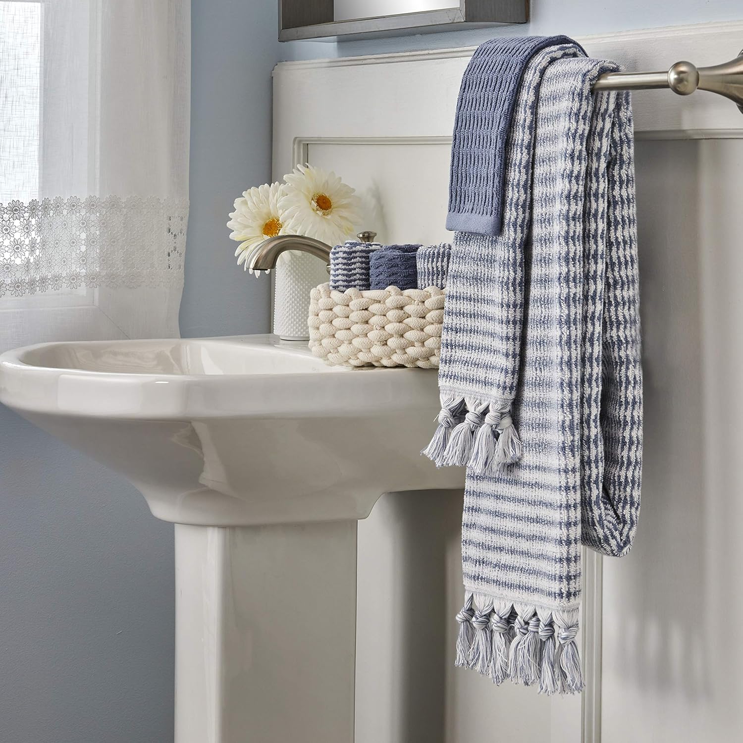 SKL Home Longborough Hand Towel Set-2pc, 100% Turkish Cotton, Denim Blue | 640 GSM weight. Spa-level quality. Soft &