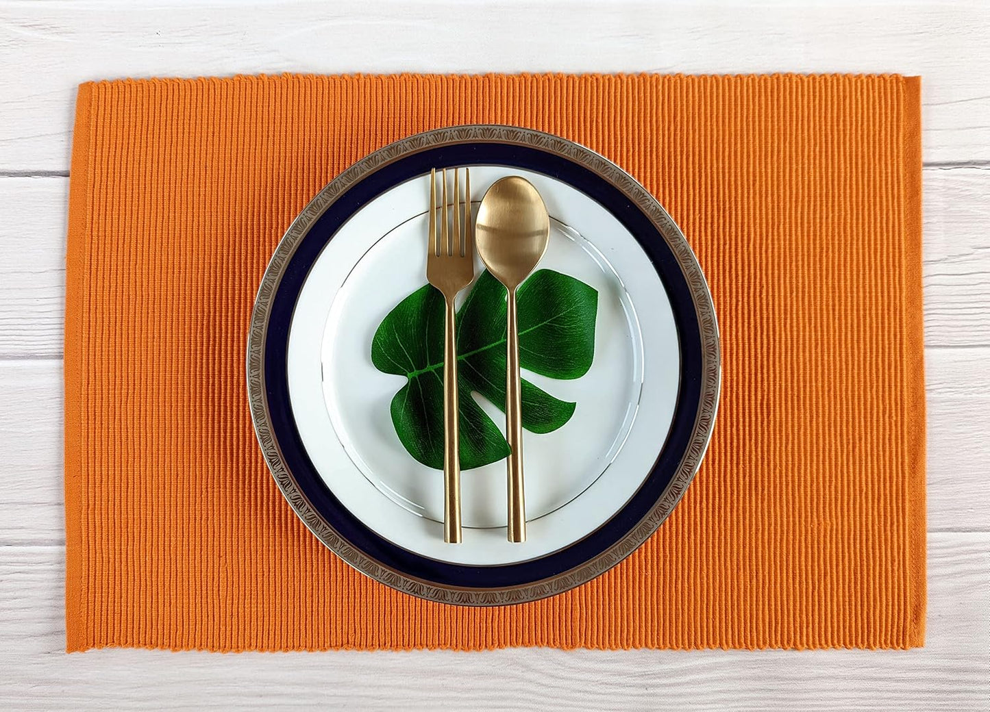 100% Cotton Ribbed Placemats - Set of 6-13 x 19 Inches - Orange - Everyday/Fall/Thanksgiving/Halloween Cloth Table Mats