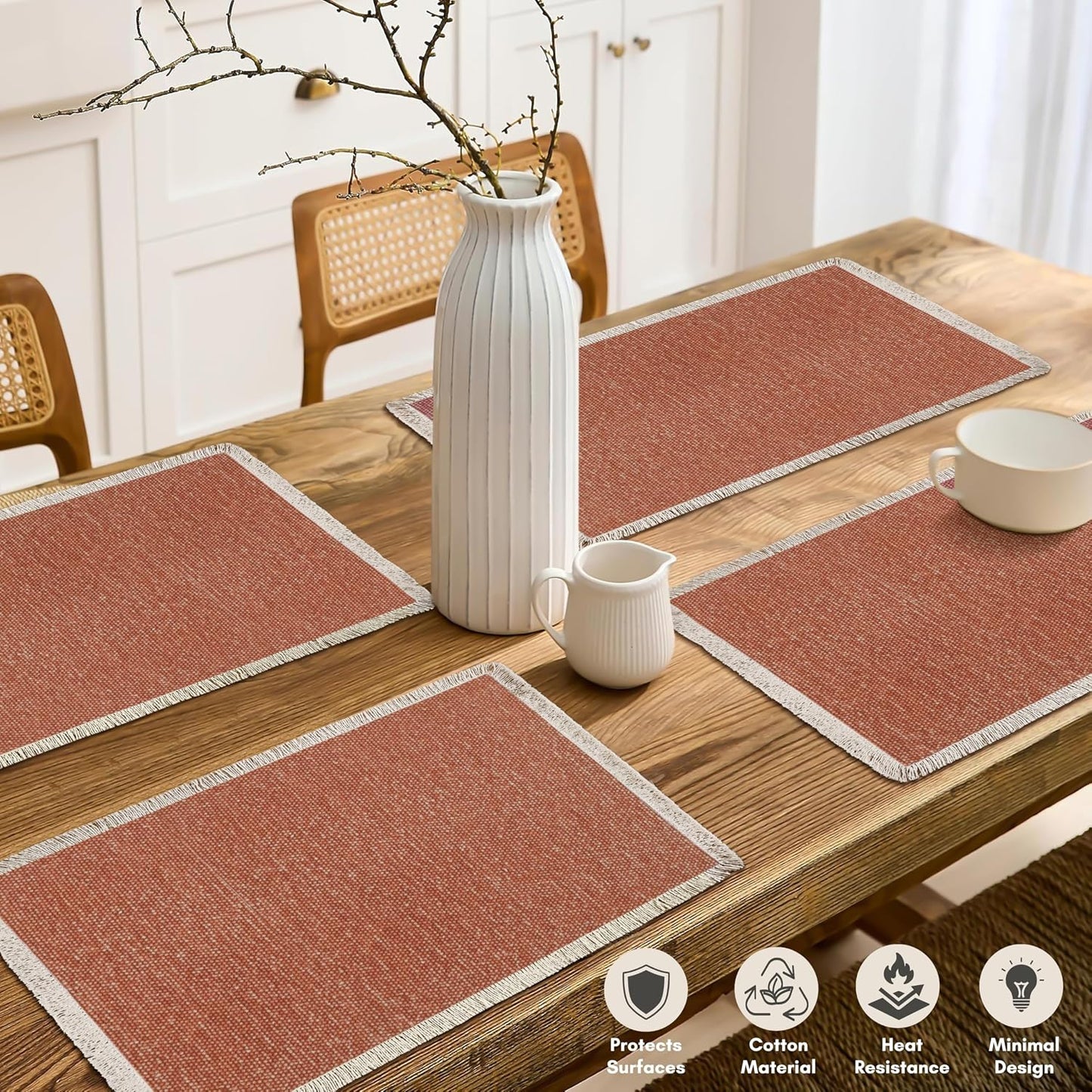 Hausattire Cotton Frayed Placemats Set of 4 Dining Table 13x19 Inch | Rustic Harvest Boho Washable Easter Placemat for