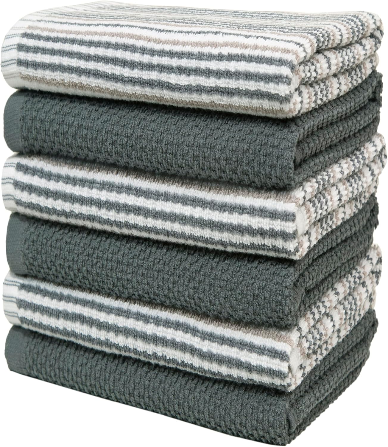 Bumble Kitchen Towels 6 Pack 100% Cotton 16"x26" - Grey Wide Stripe | 430 GSM Soft Kitchen Hand Towels with Hanging