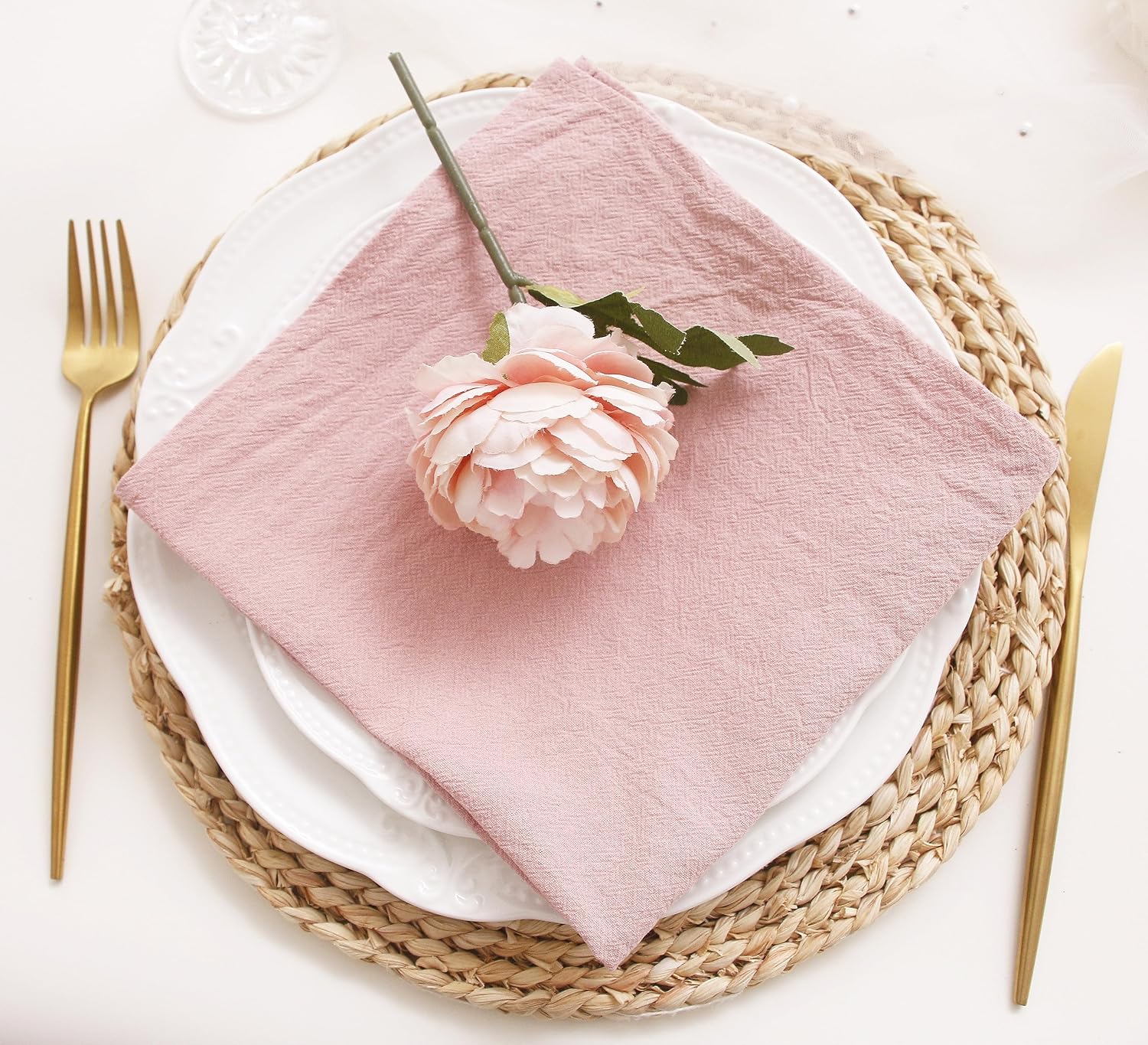 Pink Cotton Dinner Napkins Set of 12, 16 x 16 Inch Cloth Napkins | Washable Fabric Napkins with Hemmed Edges for