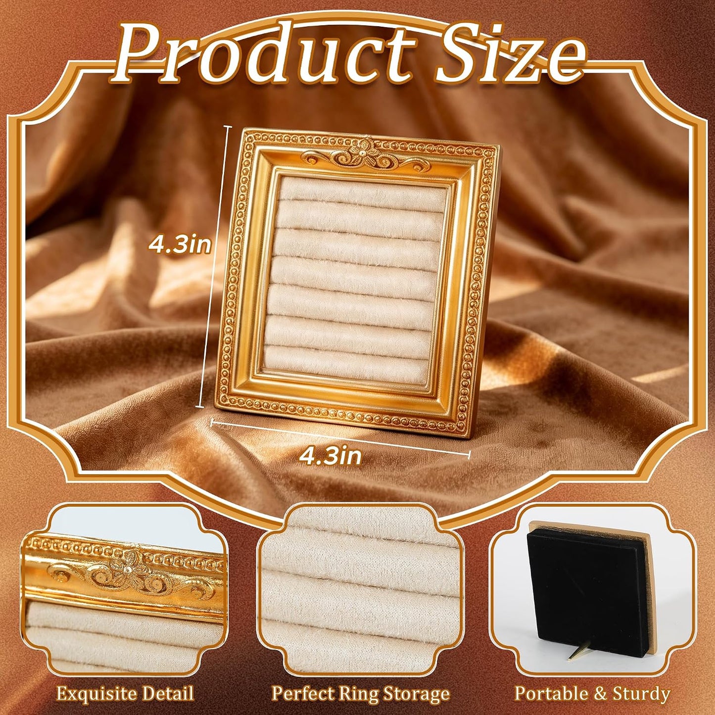 Vintage Ring Holder Rectangle Gold Velvet Display Stand / Mpf05-gold Beige