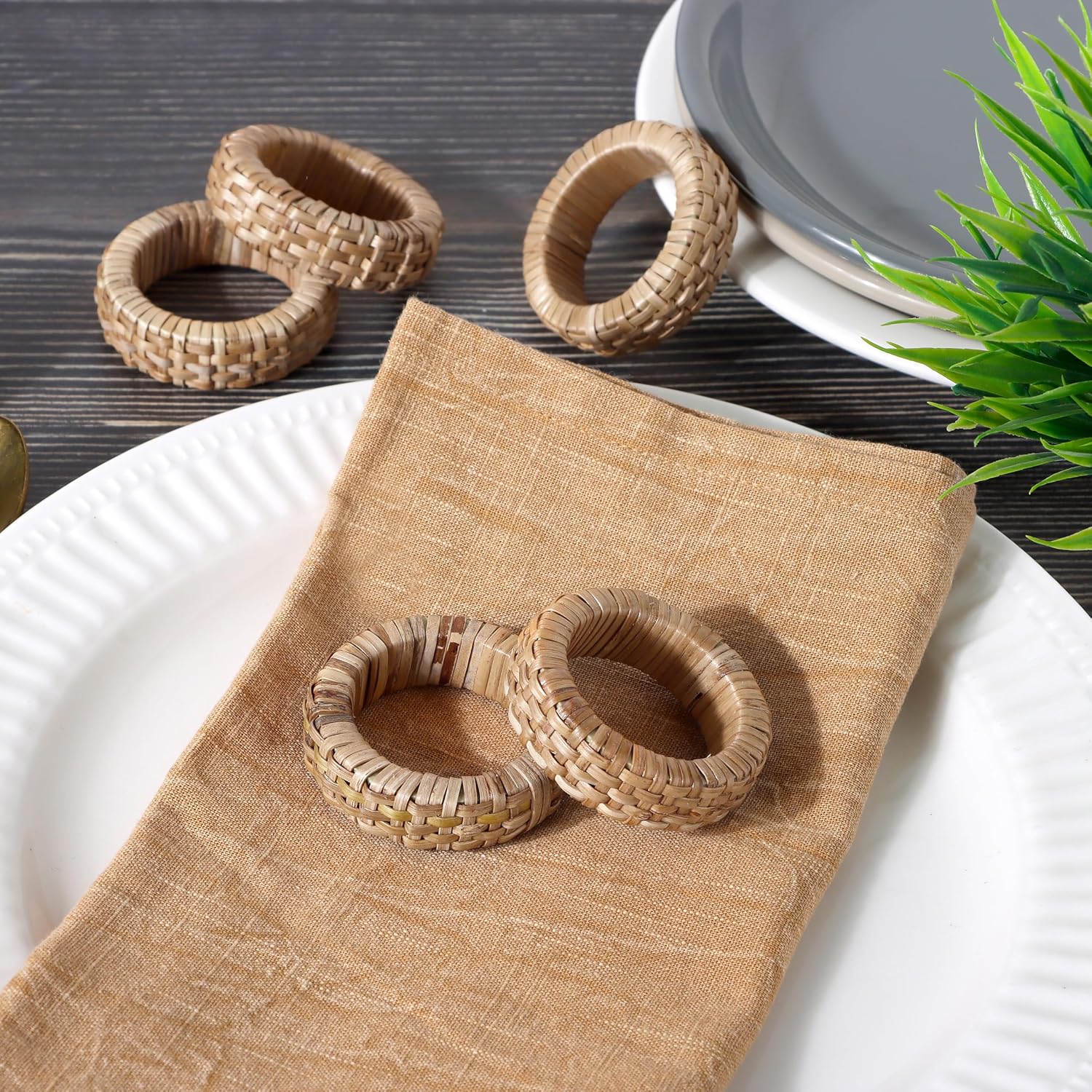 Jute Rattan Napkin Rings, Set of 12, Farmhouse Natural | 2.25x2.25x0.5 in each, plastic & natural cane blend