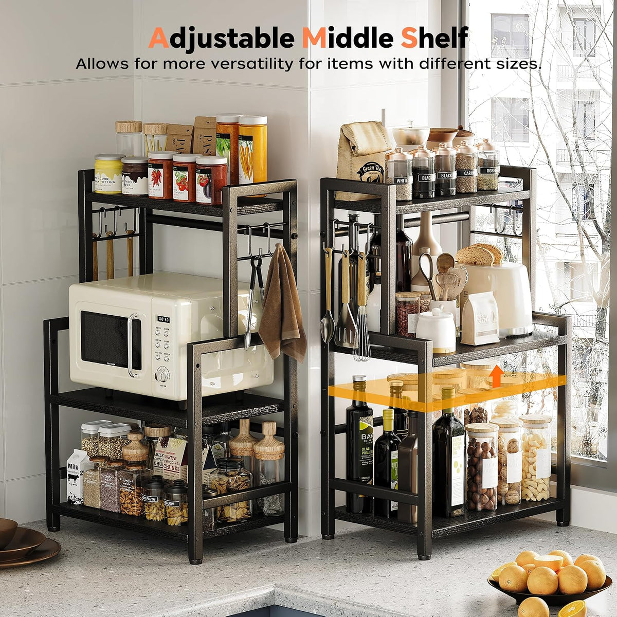Kitchen Countertop Organizer, 3 Tier Large Spice Rack Organizer with Adjustable Shelf and 5 Hooks, Wooden Counter