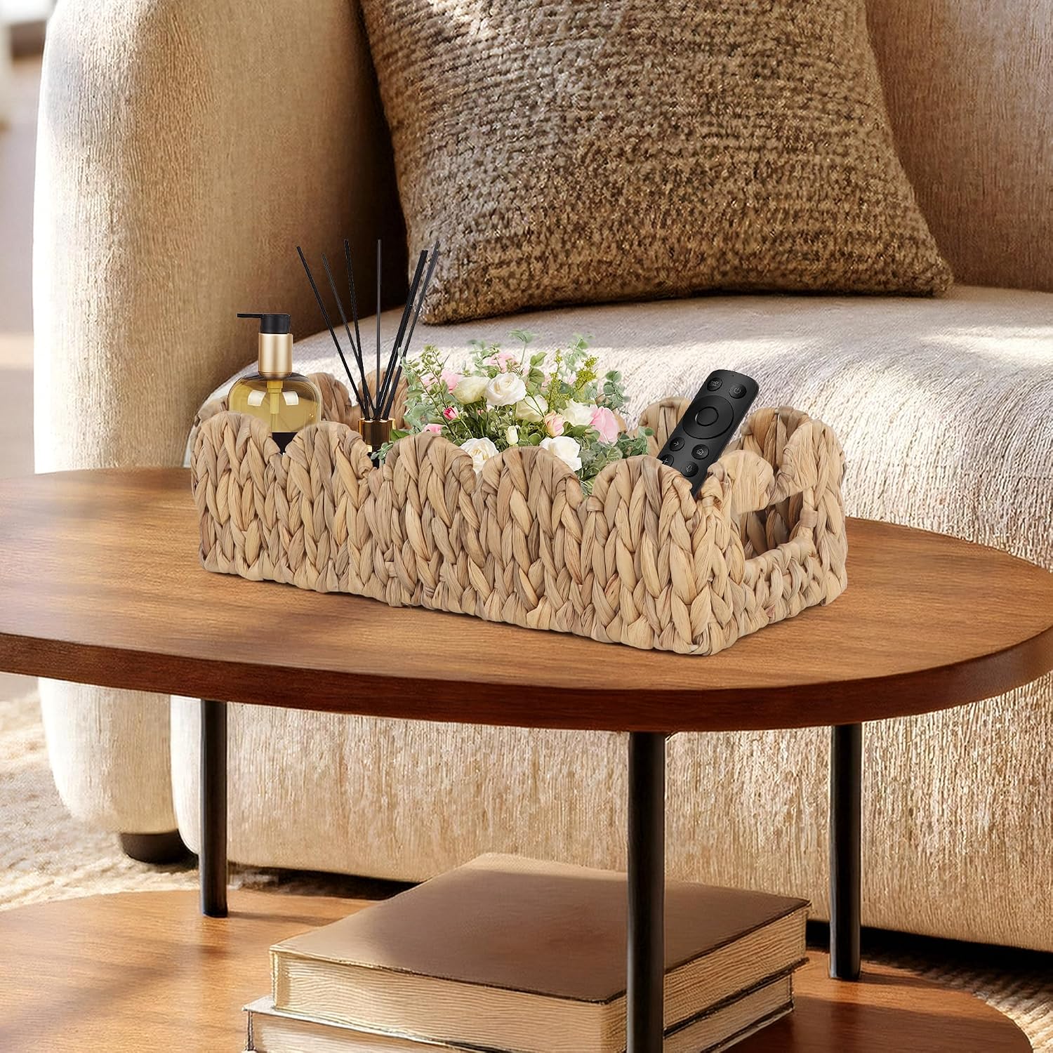Wicker Scalloped Storage Basket Boho Bathroom Decor Baskets / Natural / 15.7"D x 6.6"W x 4.3"H