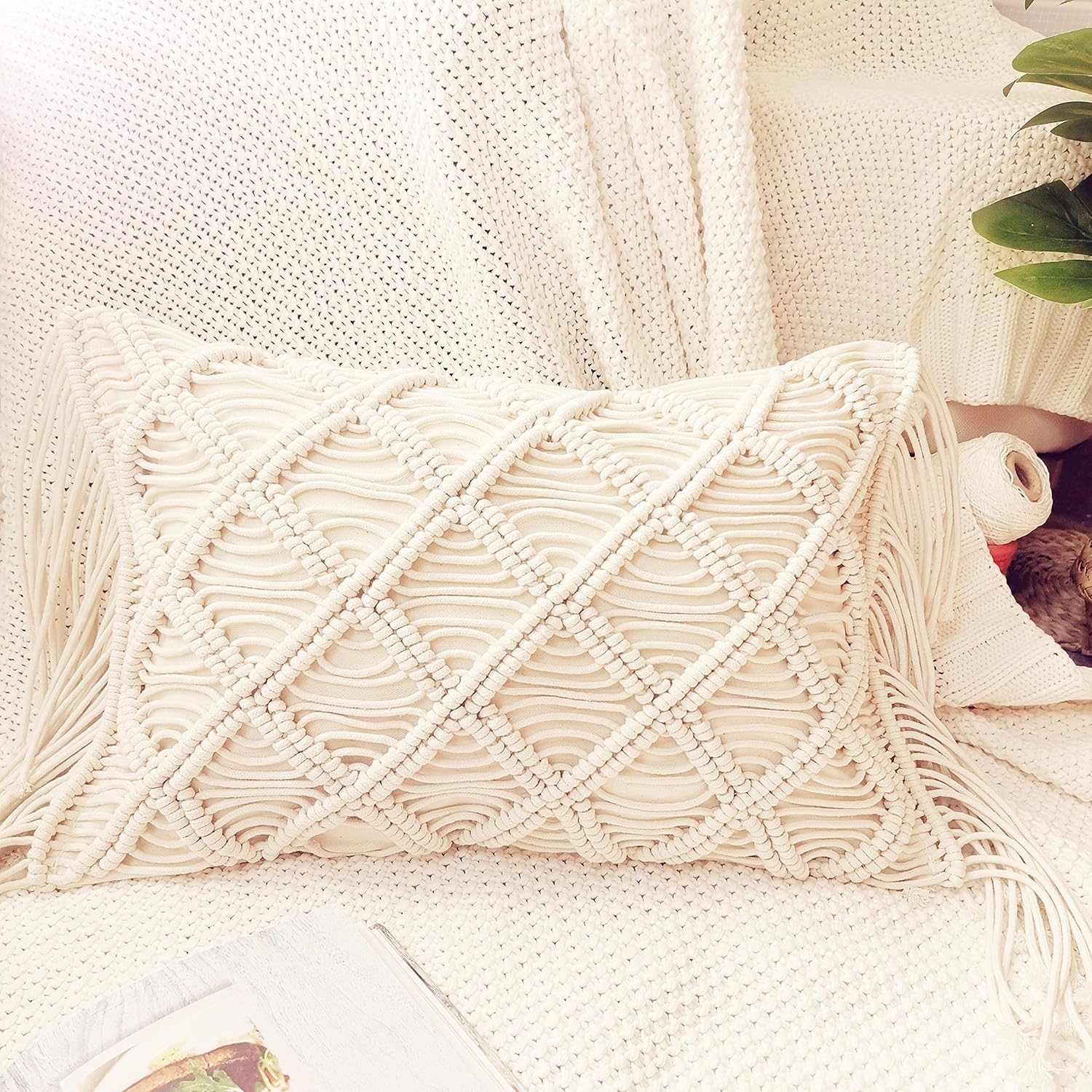 Macrame Lumbar Pillow Cover- Decorative Thorw Pillowcase Boho Tassel Cushion Covers / A / Set of 2