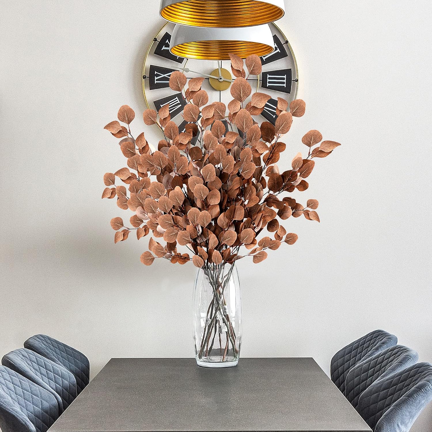 Fall Artificial Eucalyptus Stems Long Silver Dollar Leaves Fake Silk / Dark Brown / Set of 6