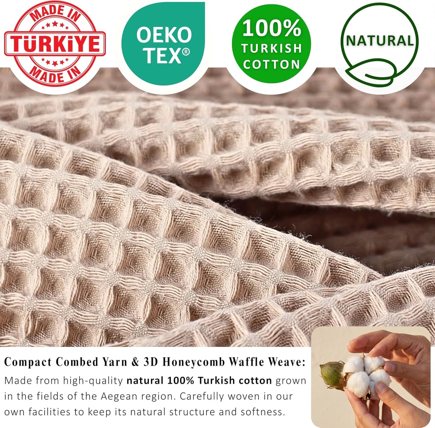 PÜSKÜL Natural 100% Turkish Cotton Waffle Bath Towels Set of 2, Extra-Large | Beige, Oversize 32x63" Bath sheet towel