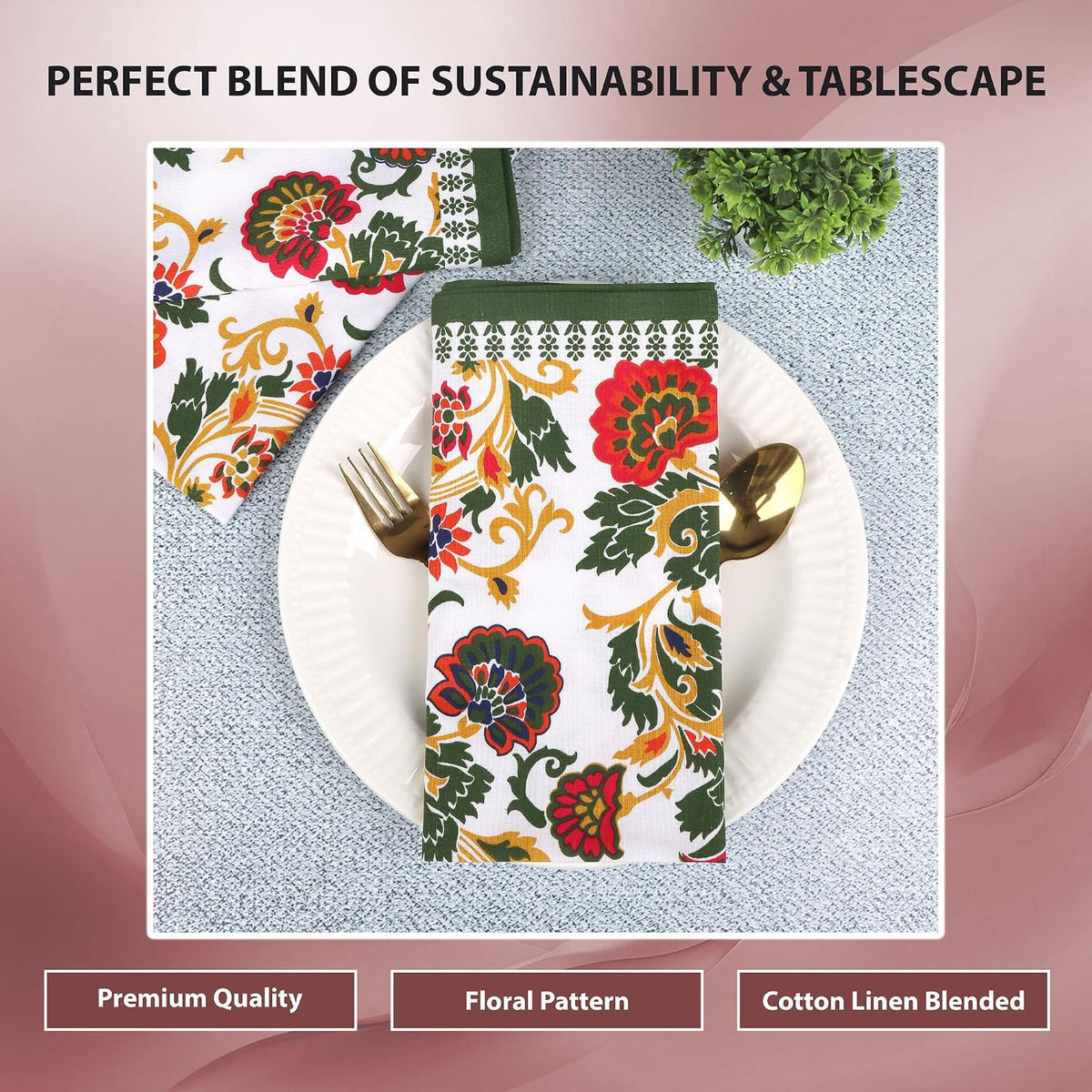 Printed Cloth Napkins Set of 12 Cotton Linen Printed Green Floral Print | Washable Reusable Fabric Soft Durable Quality