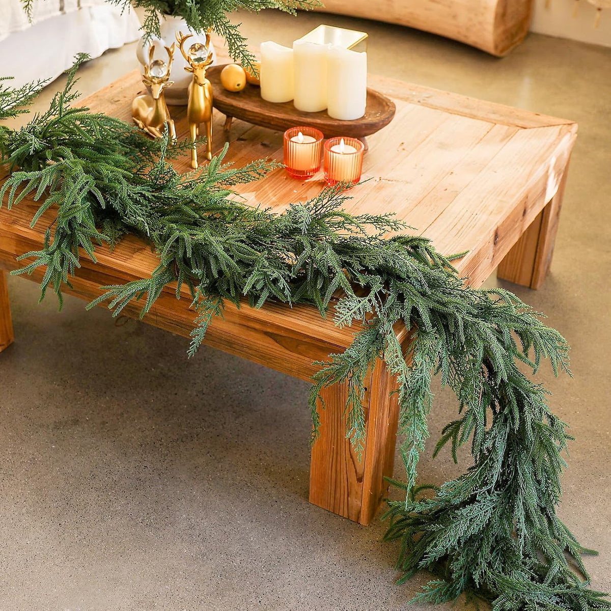 Christmas Norfolk Pine & Cedar Garland - 6 Ft mas Lighted Real Touch Mixed Green Artificial Greenery Garland for Table