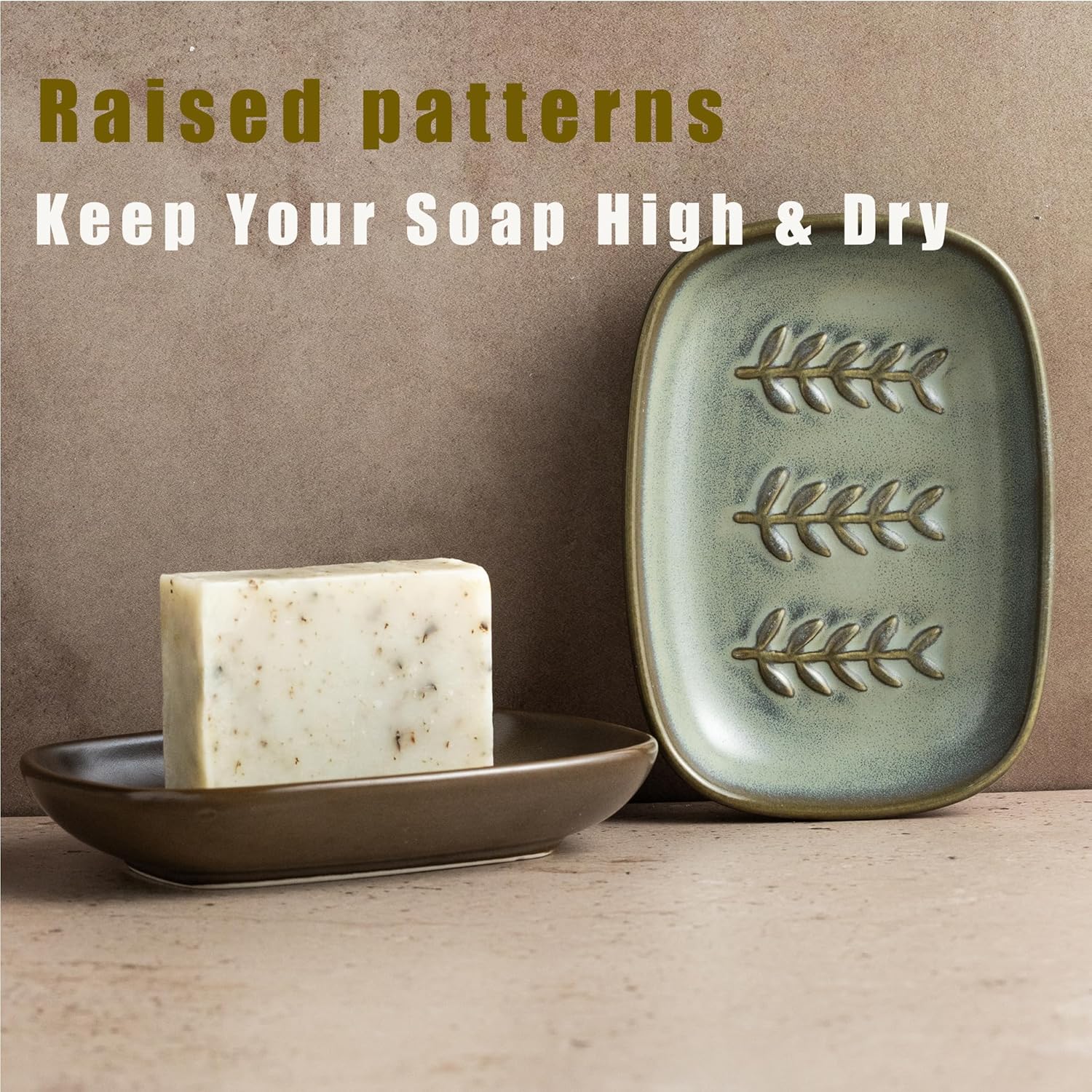 Ceramic Soap Dish Bar Soap Holder for Shower / Dark Green / Leaf Design