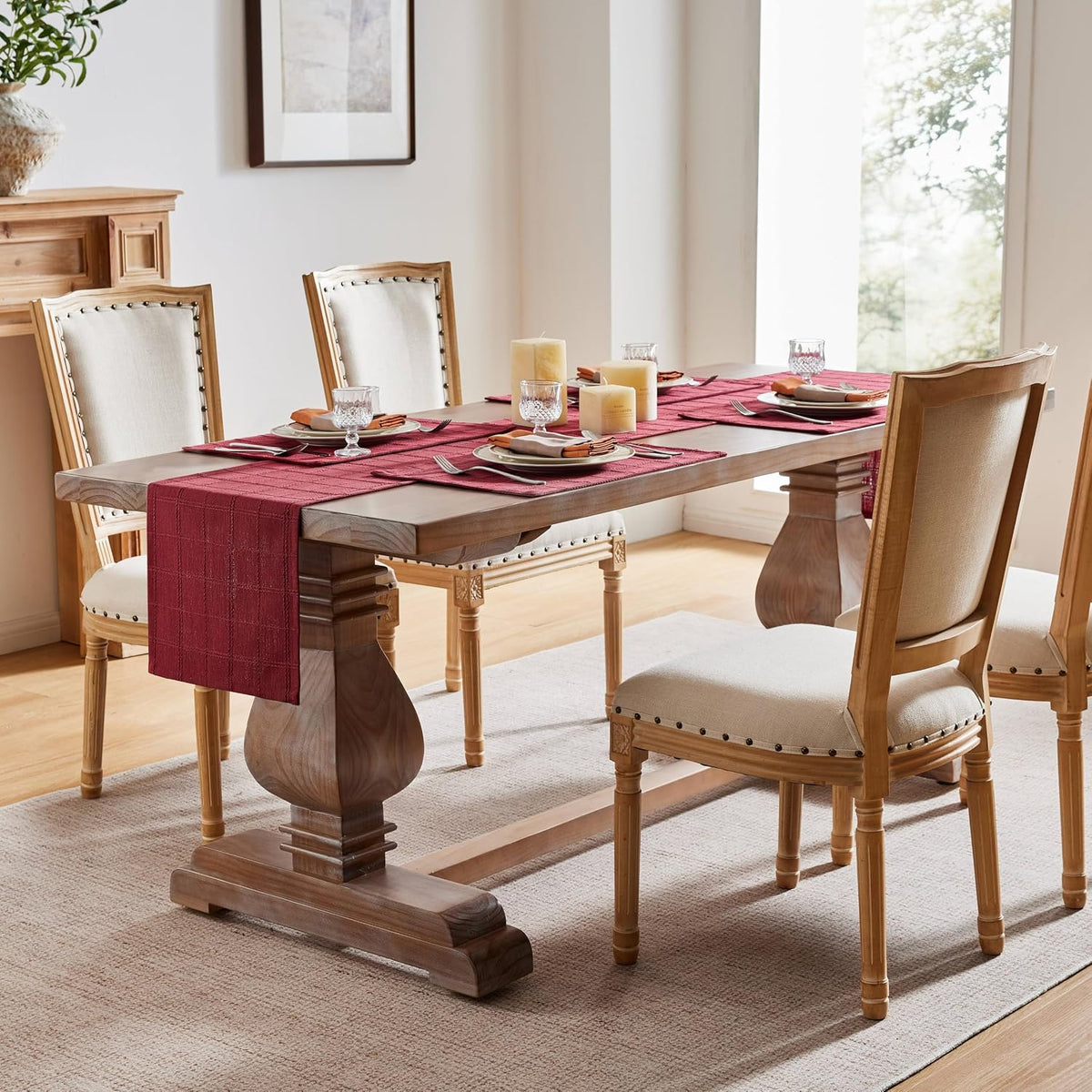 Linen Checked Farmhouse Placemats Set of 4, Burgundy 13x19in | Double Layer, Reversible, Thick Textured Table Mats