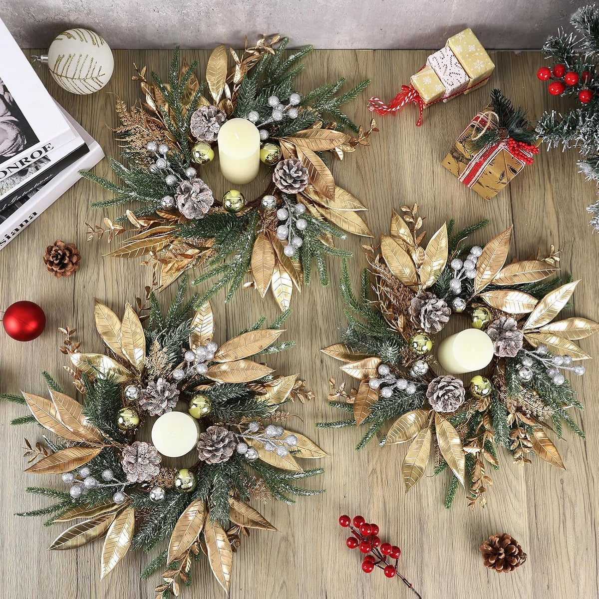 6 Pcs Christmas Candle Rings Wreaths Artificial Pine Wreaths with Christmas Balls Golden Twigs and Silver Berries