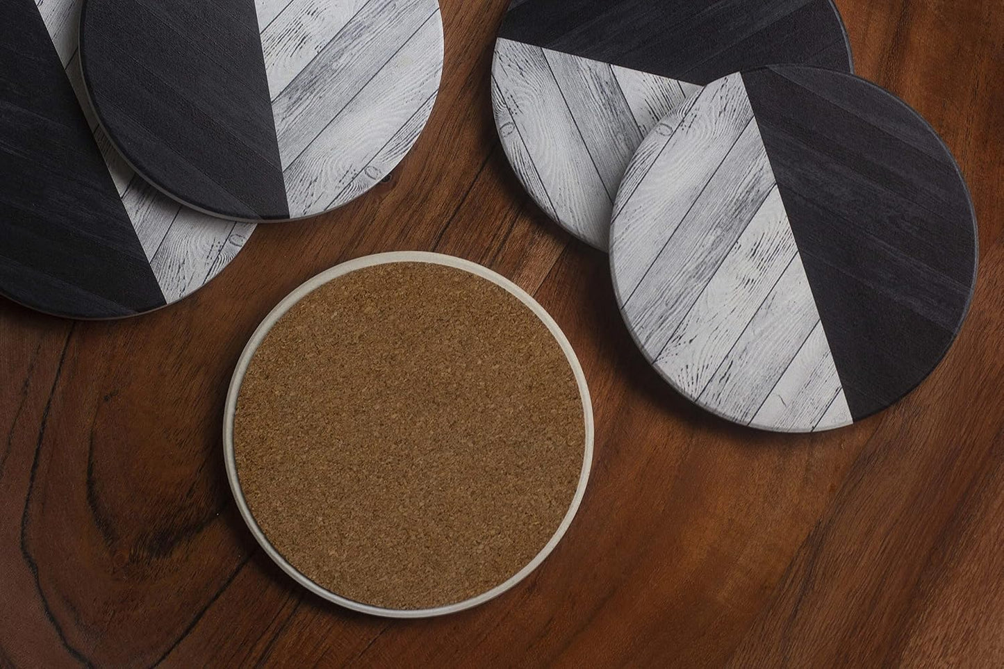 Ceramic Coasters for Drinks / Black & White Parquet Wood / Set of 6