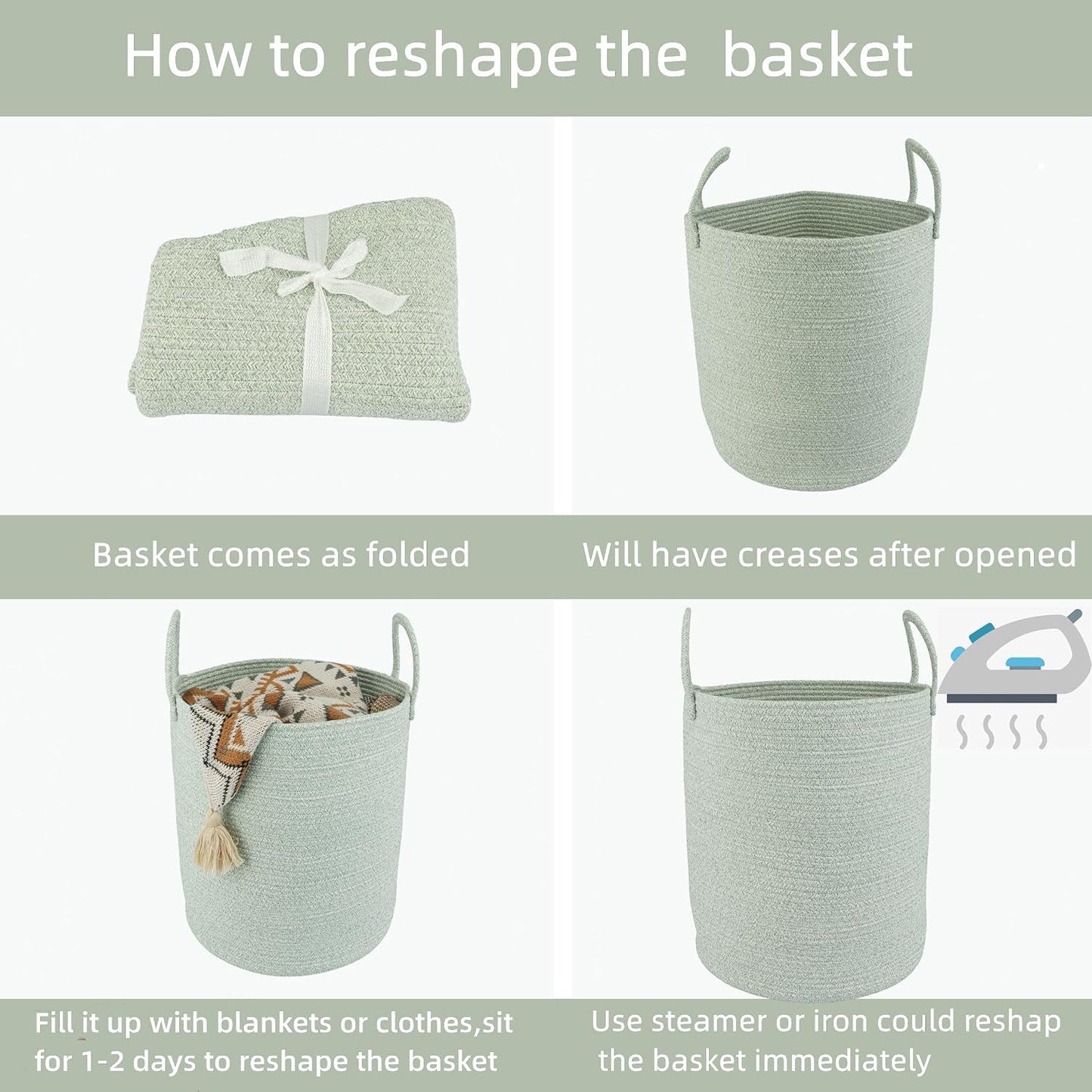 Cotton Rope Laundry Basket Hamper for Clothes Woven Storage Basket / Green / Regular