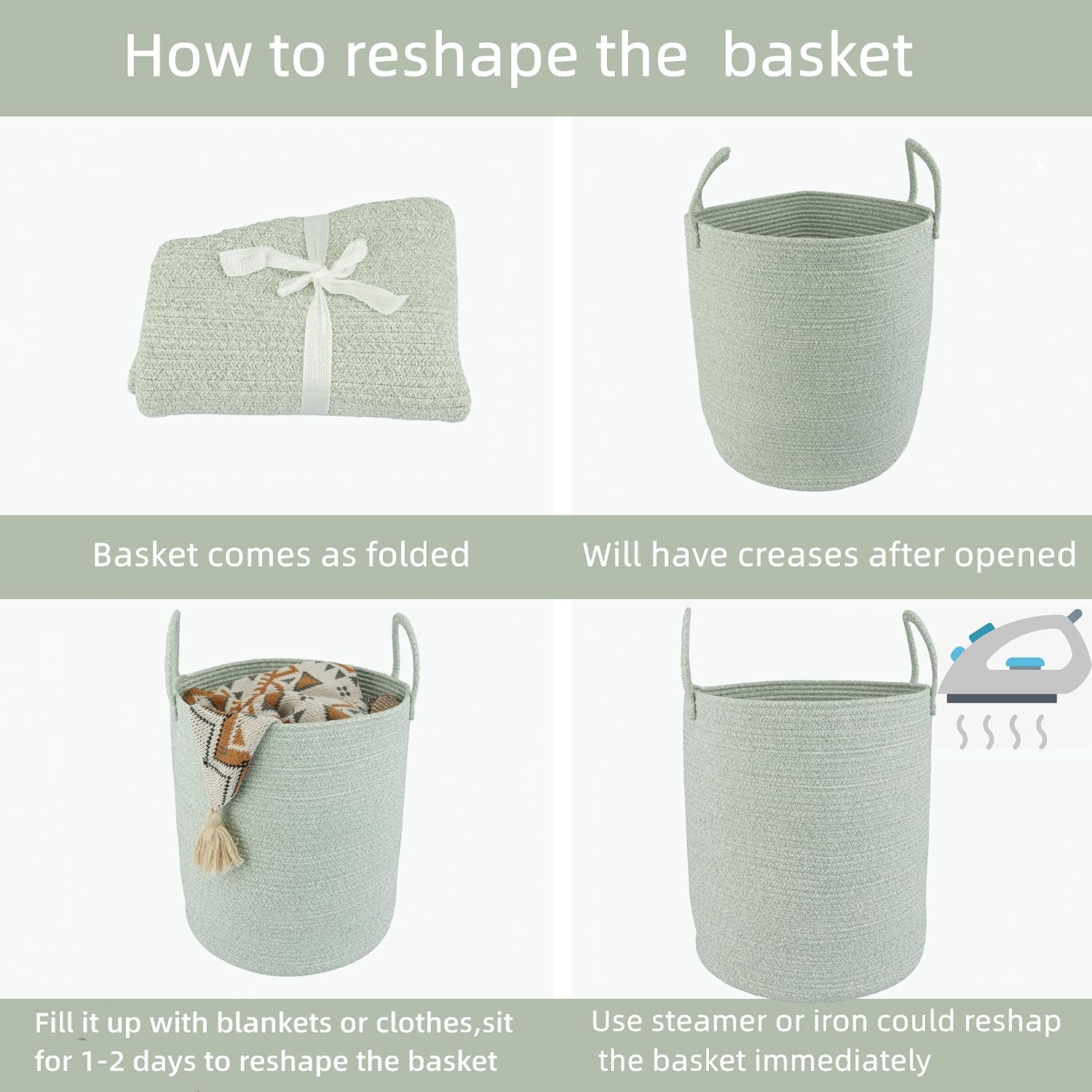 Cotton Rope Laundry Basket Hamper for Clothes Woven Storage Basket / Green / Regular
