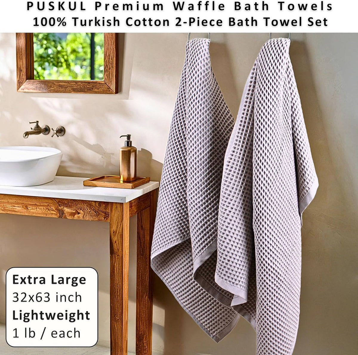 PÜSKÜL Natural 100% Turkish Cotton Waffle Bath Towels Set of 2, Extra-Large | Light Gray, Oversize 32x63" Bath sheet