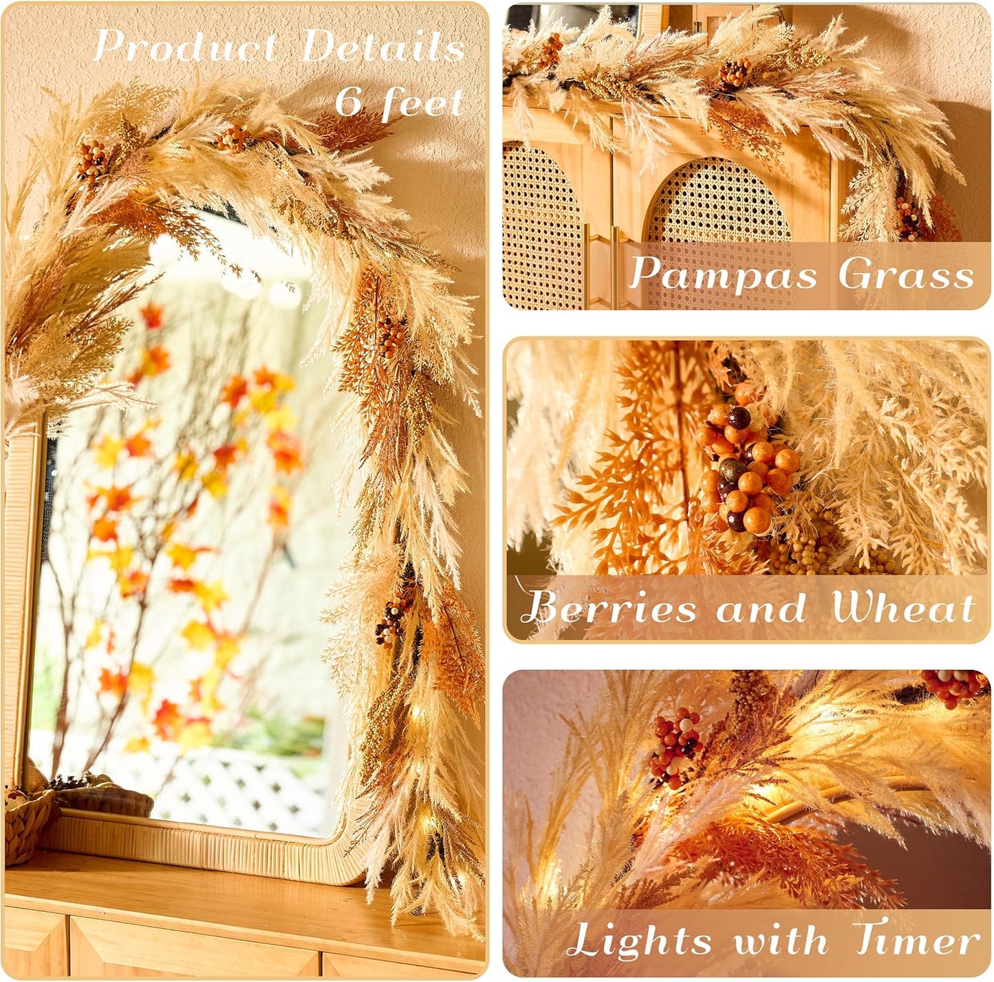 Pre-Lit Light Up Artificial Faux Pampas Grass Garland / Orange and Gold / 6 Inch