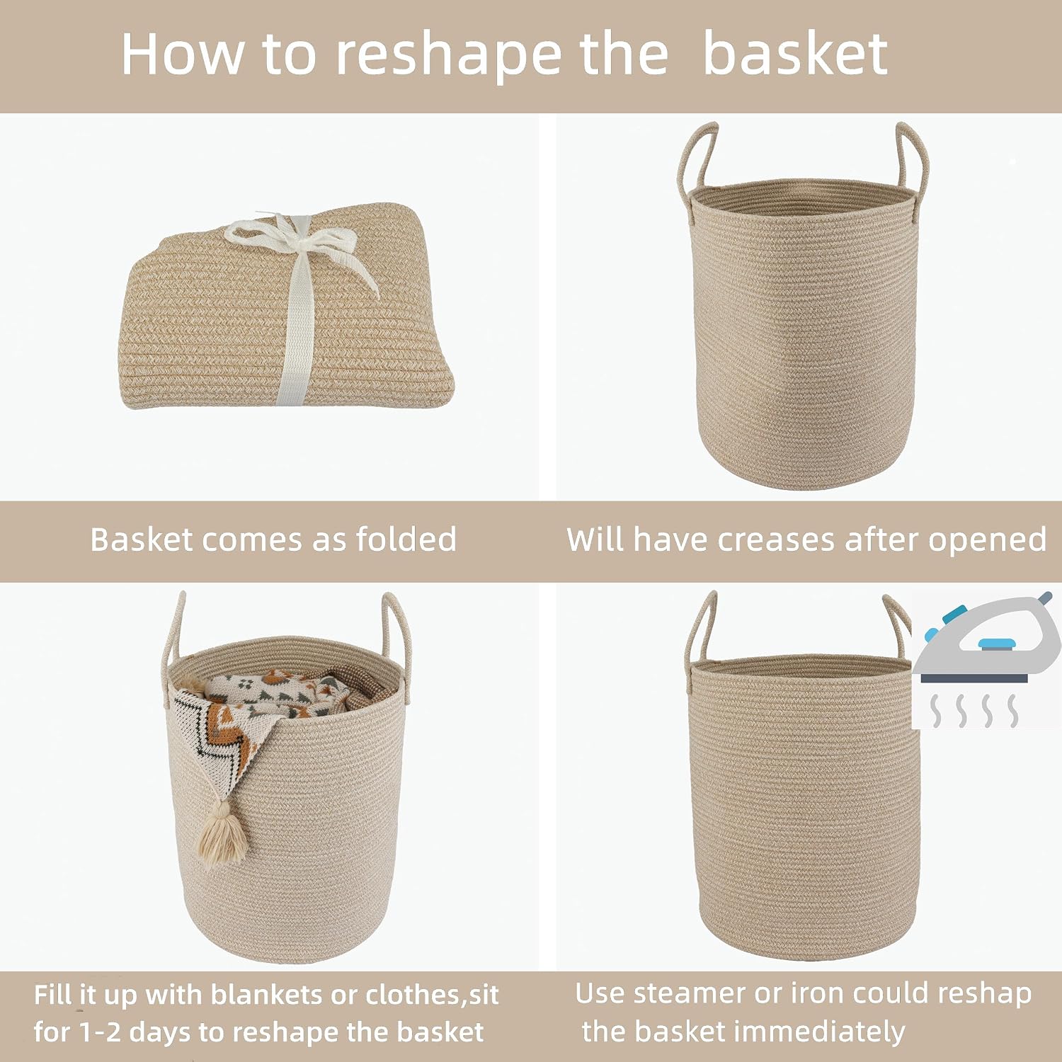 Cotton Rope Laundry Basket Hamper for Clothes Woven Storage Basket / Oatmeal / Regular