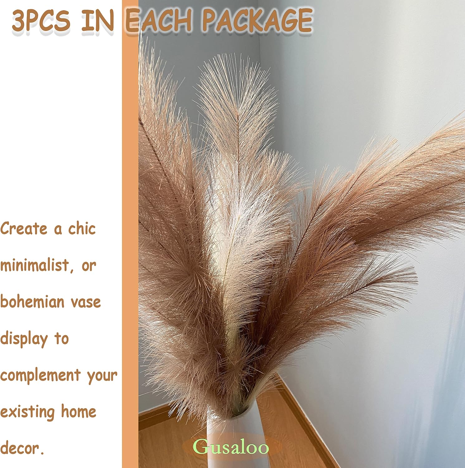 Artificial Faux Pampas Grass Large / Lightbrown / 120cm / / Set of 3