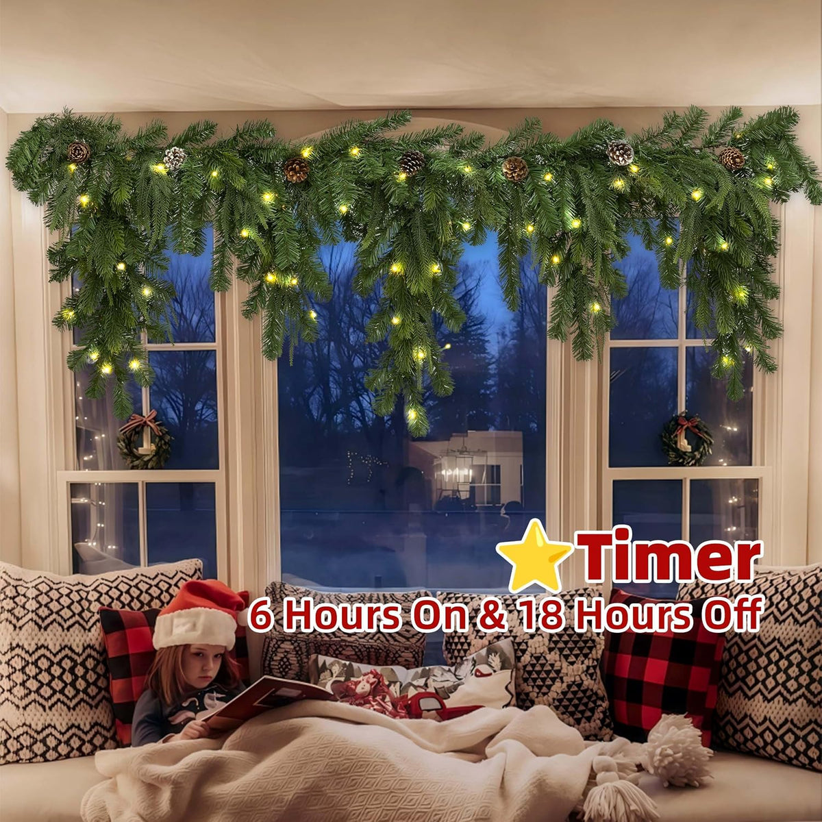 6ft Cascading Christmas Garland with Lights/Pinecone for Mantel Decorations | Prelit 80 Warm White LEDs with Dark Green