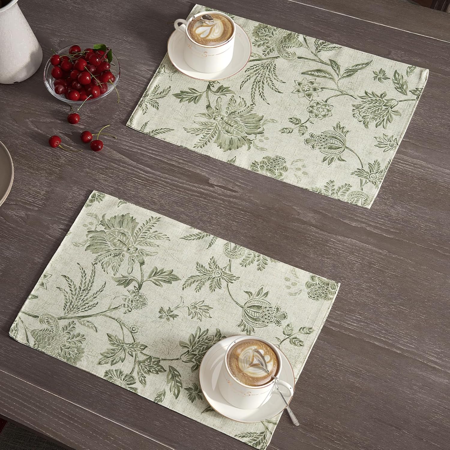 JINCHAN Sliva Linen Floral Placemats Set of 4 Farmhouse 13x19 Sage Green | Fabric Placemats, Cottage Style, Painterly