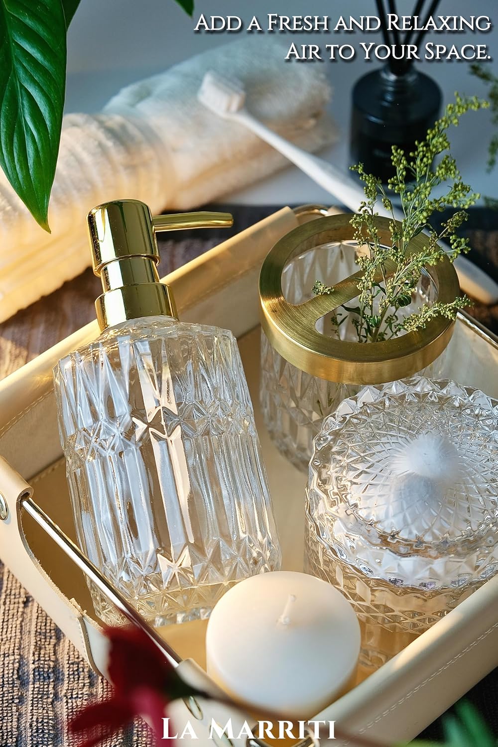 LaMarriti Clear Bathroom Accessories Set, 5pcs Crystal Glass Bathroom Set | Soap Dispenser, Toothbrush Holder Set, Soap