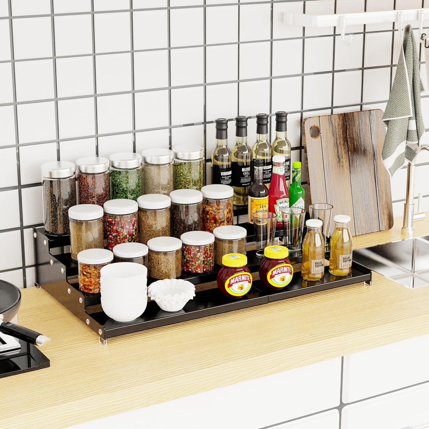 Jojocross Expandable 4-Tier Step Spice Rack Organizer for Kitchen Cabinet Modern Design and Non Skid Space Saving