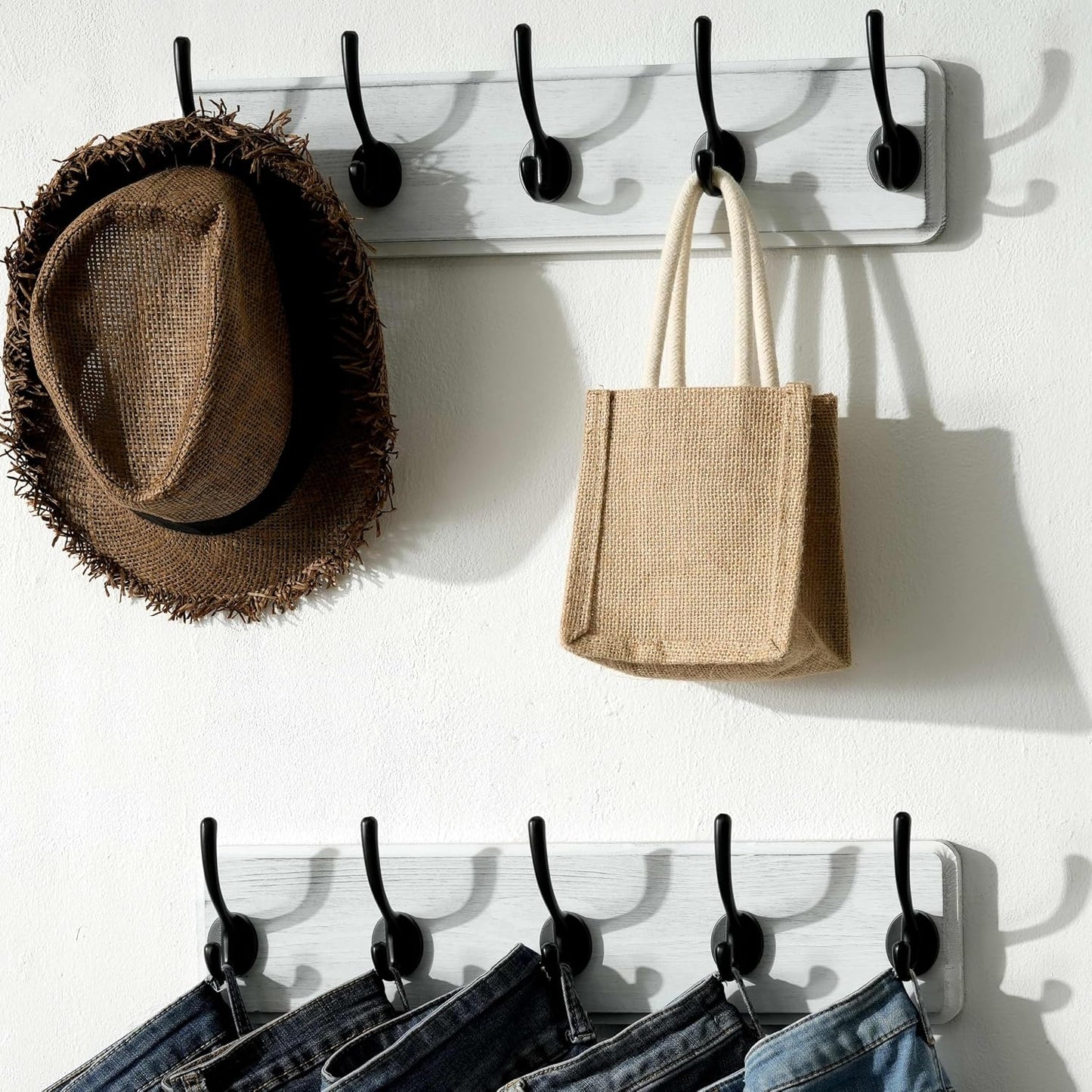 SKOLOO Rustic Wall Mounted Coat Rack, Pine Solid Wood Coat Hook Hanger - 5 Hooks for Hanging Clothes Robes Towels Coats