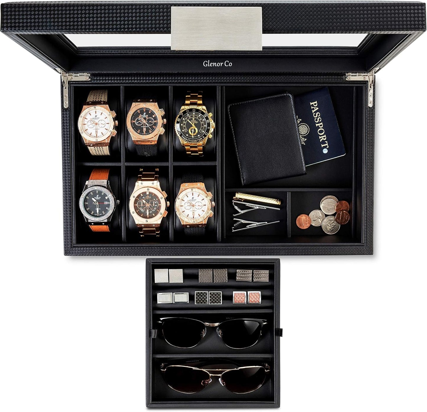 Glenor Co Valet Jewelry Box for Men - Holds 6 Watches, 12 cufflinks, 2 Sunglasses & Tray Storage - Mens Watch Case