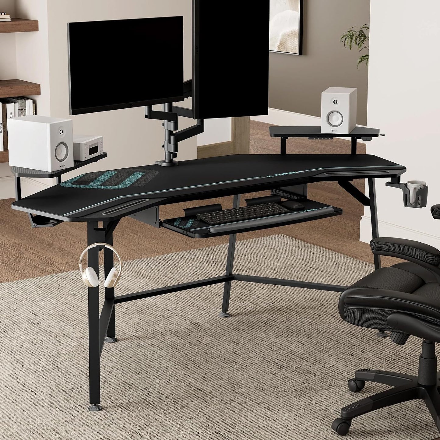 EUREKA ERGONOMIC Gaming Desk Wing Shaped Keyboard Tray 72 Inch Black | LED monitor stand with dual headphone hooks and