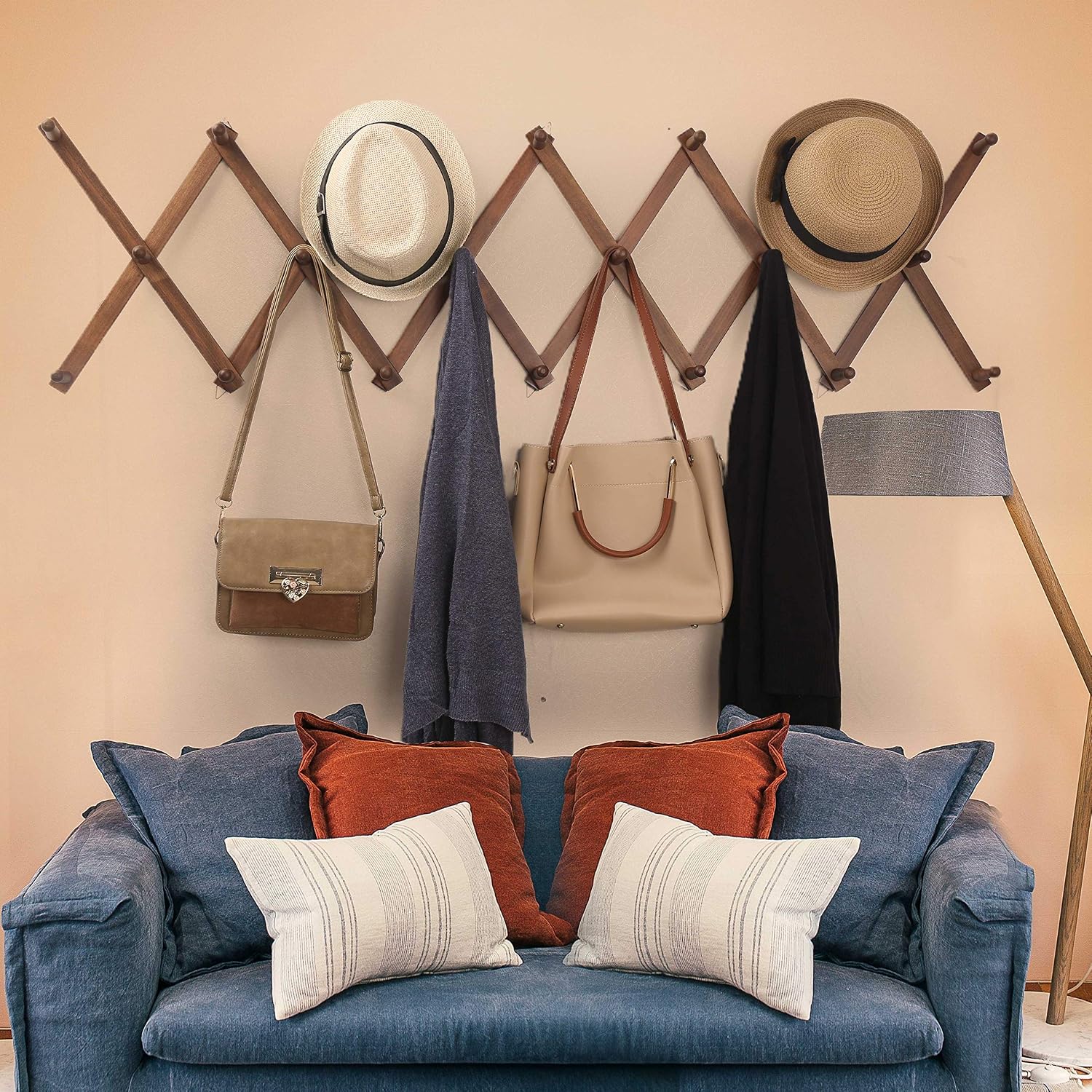 WEBI Accordion Wall Hanger,Expandable Wooden Hat Rack for Wall Mounted Coat Rack,Accordion Hat Hooks Holder for