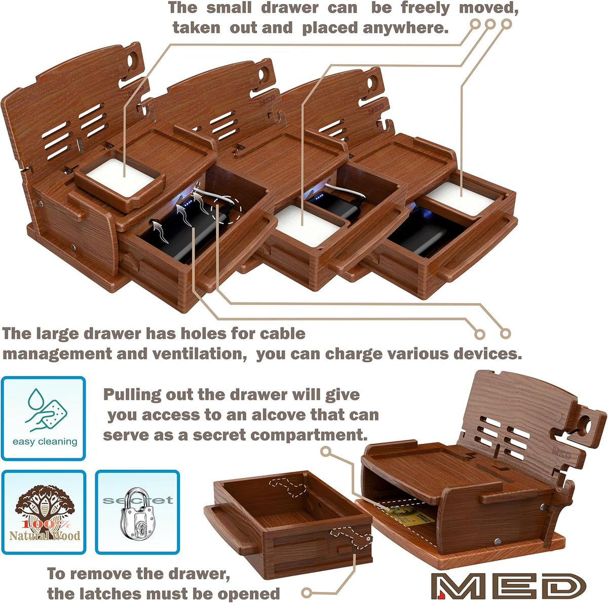 MED Wood Phone Docking Station for Men with Drawer — Nightstand & Desk Organizer for Husband & Dad — Key Holder, Wallet