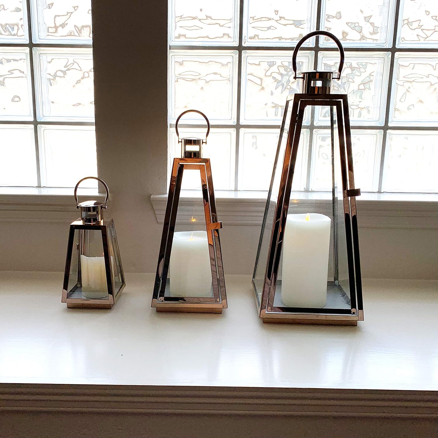 allgala Lantern Jumbo Deluxe Modern Indoor/Outdoor Candle Stainless Steel Rectangular Frame with Lattice Grid Tempered