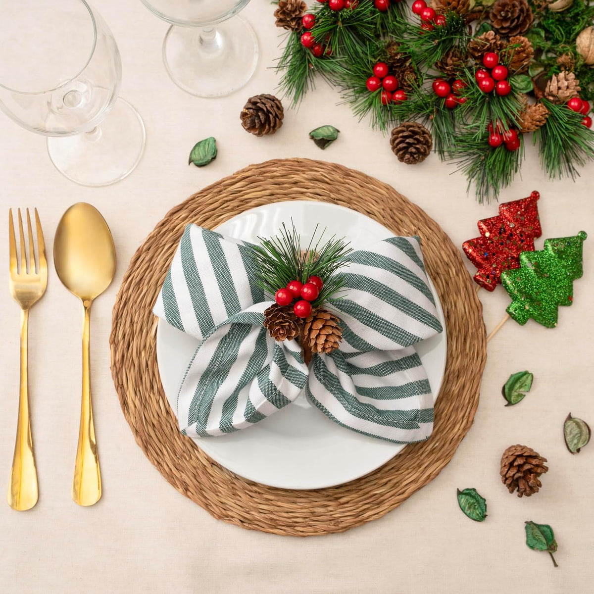 Blue Needles Set of 12 Striped Cloth Napkins 100% Cotton Dinner Table Napkins 18x18 inches, Soft, Reusable, Absorbent &