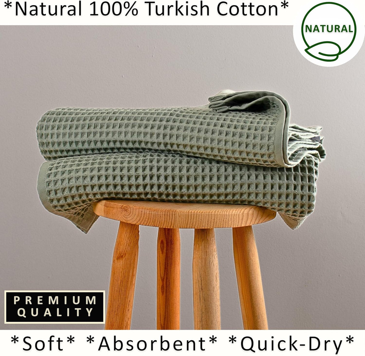 PÜSKÜL Natural 100% Turkish Cotton Waffle Bath Towels Set of 2, Extra-Large | Sage Green, Oversize 32x63" Bath sheet