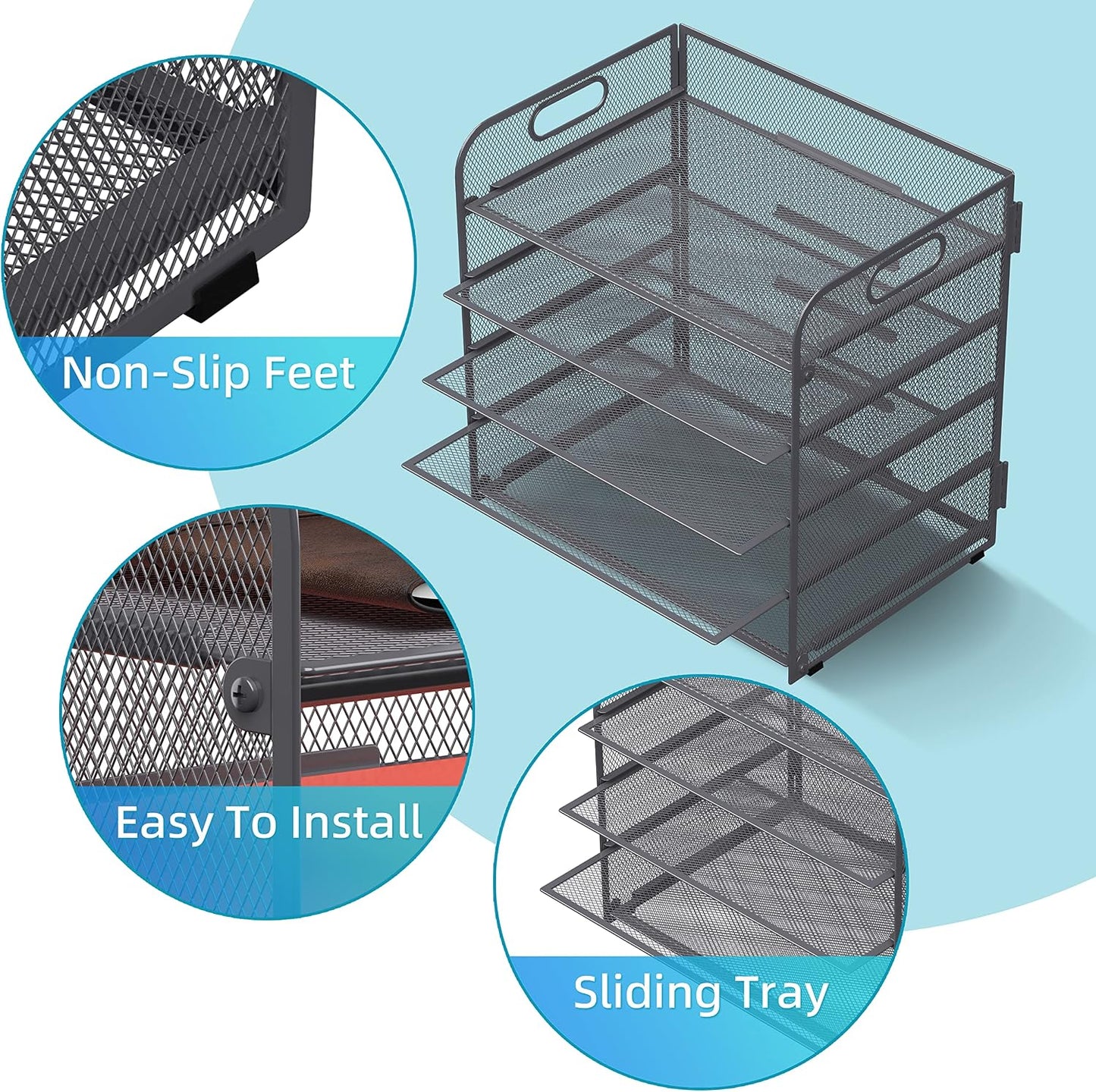 5 Trays Paper Organizer Letter Tray with Handle-Mesh Desk File Organizer, Grey Paper Sorter Desk Organizer for Office